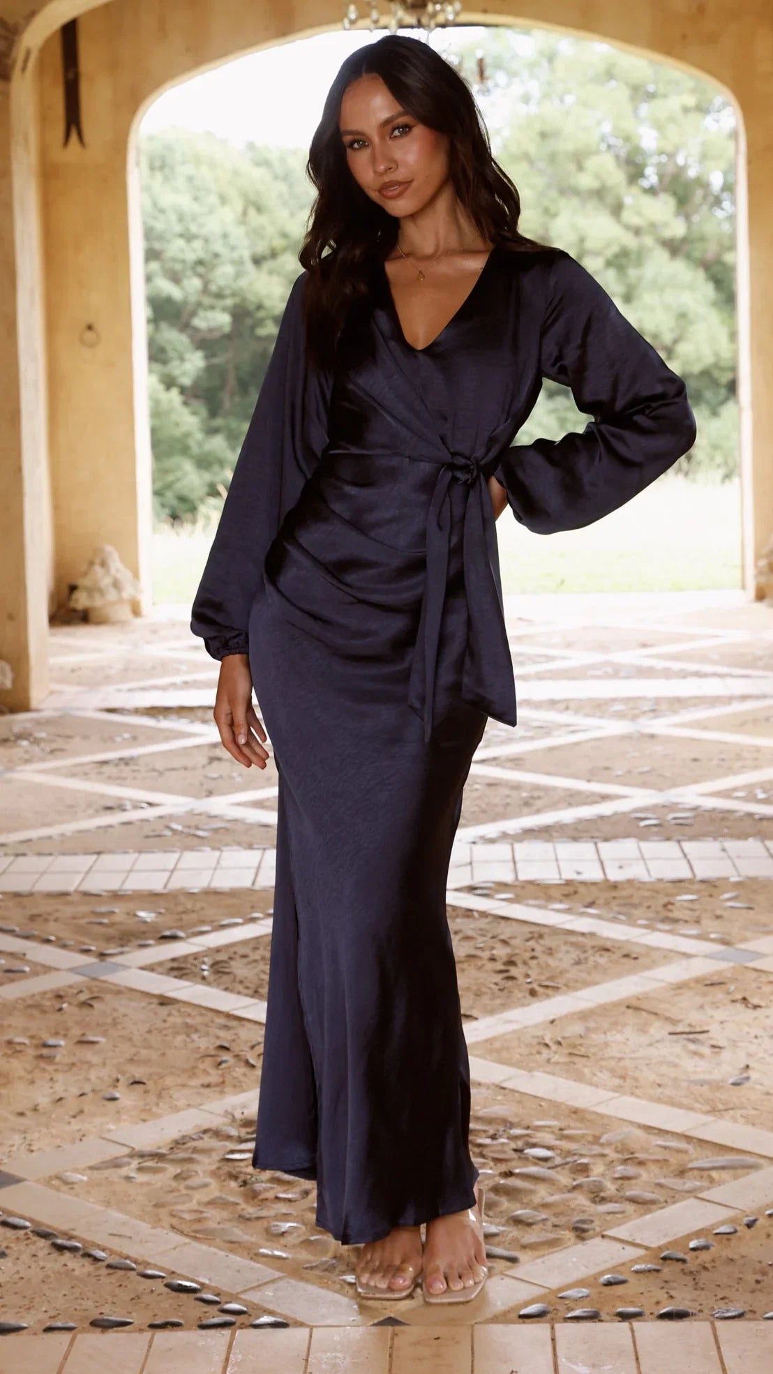 Ivy Long Sleeve Tie Front Maxi Dress Navy