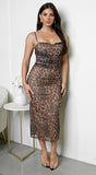 Cana Leopard Print Lace Trim Midi Dress Brown