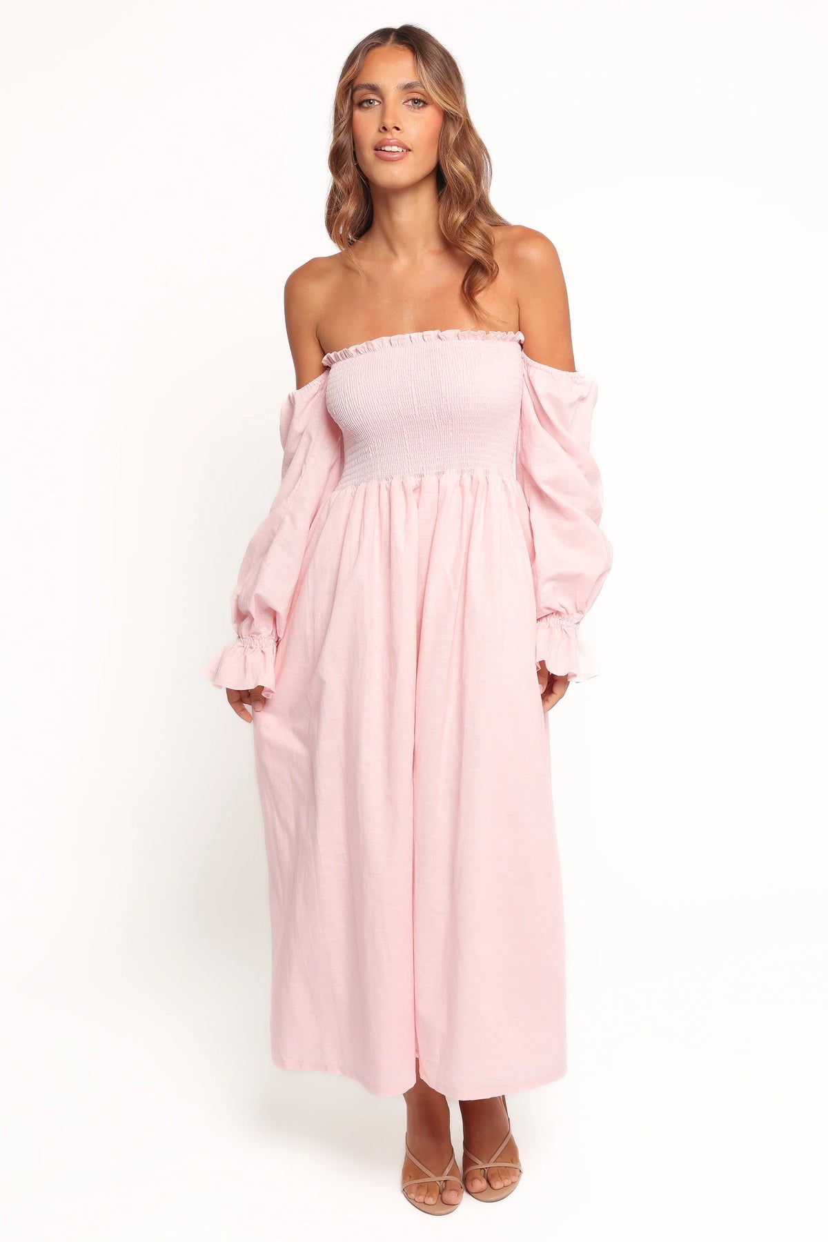 Domenica Shirred Long Sleeve Midi Dress Pink