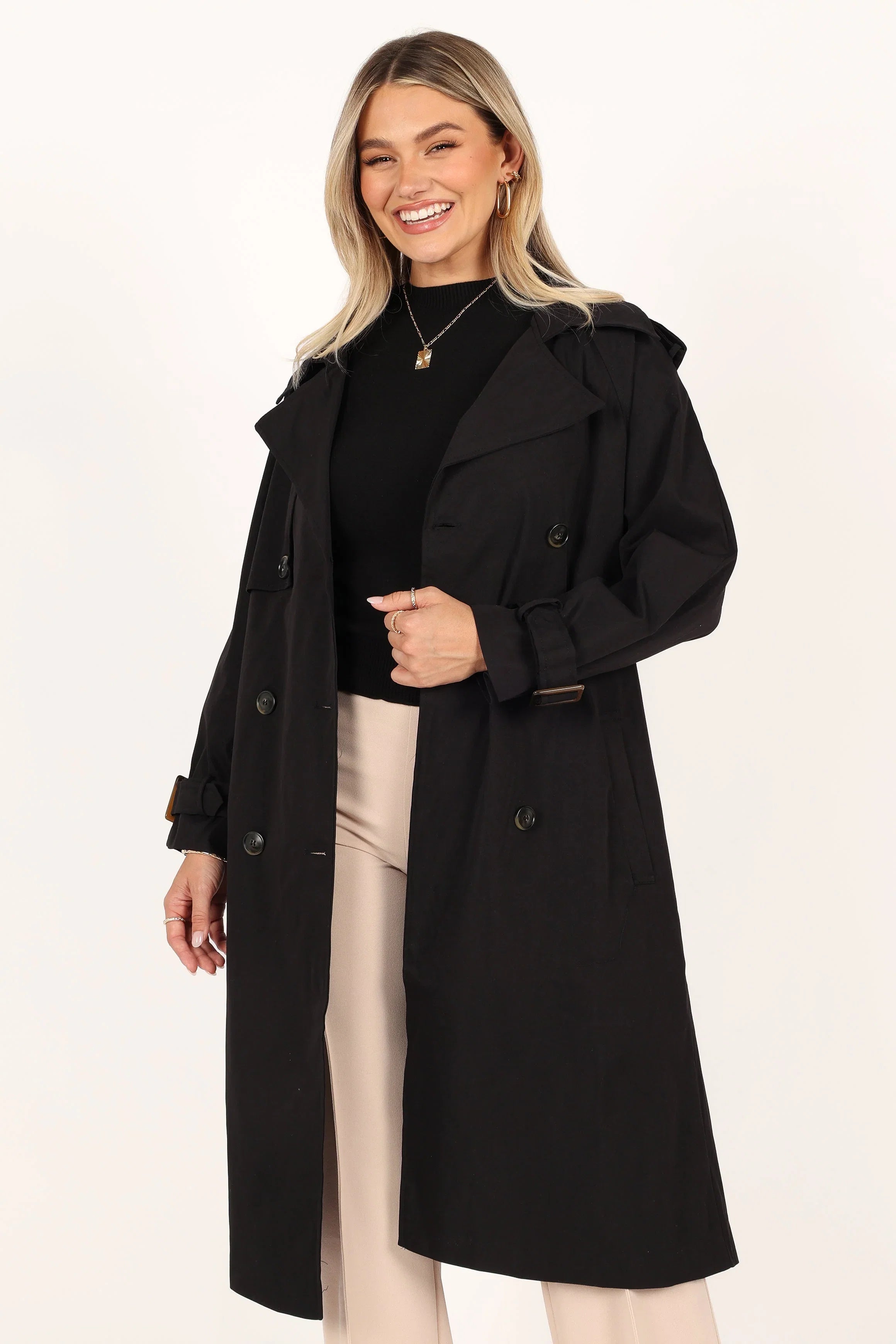 Trina Button Front Trench Coat Black