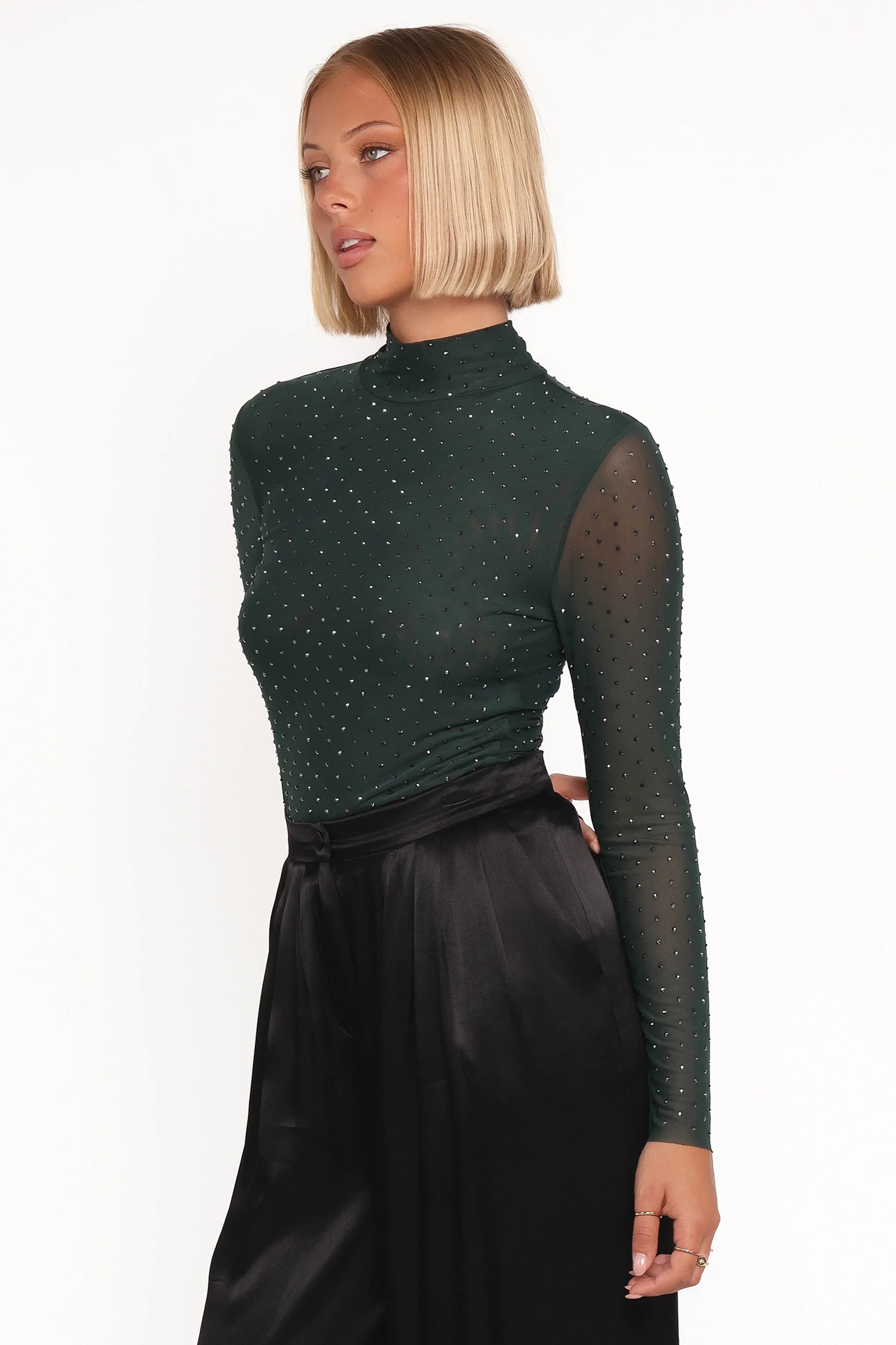 Alejandra Embellished Mesh Top Hunter Green