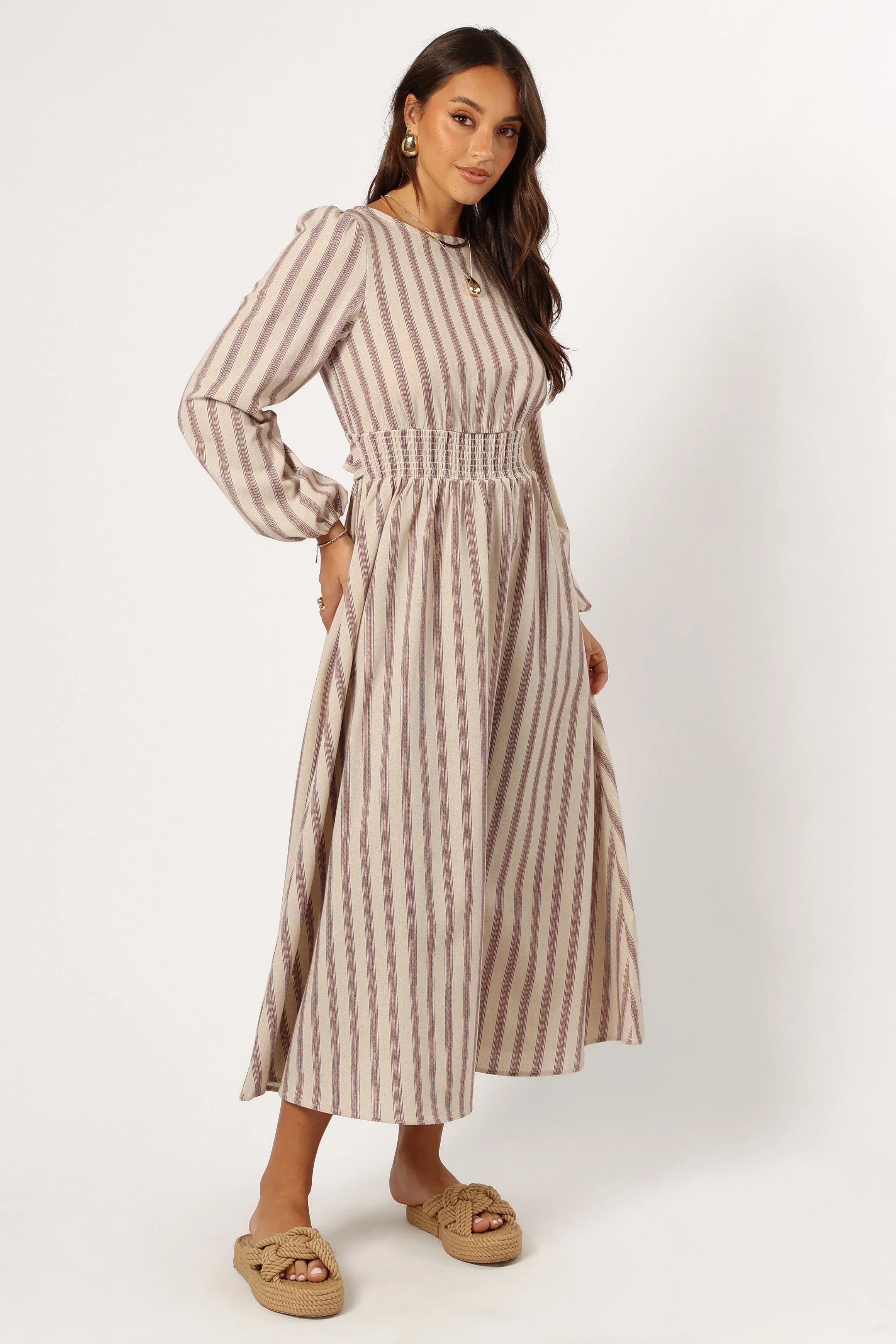 Jimi Long Sleeve Maxi Dress Brown Stripe