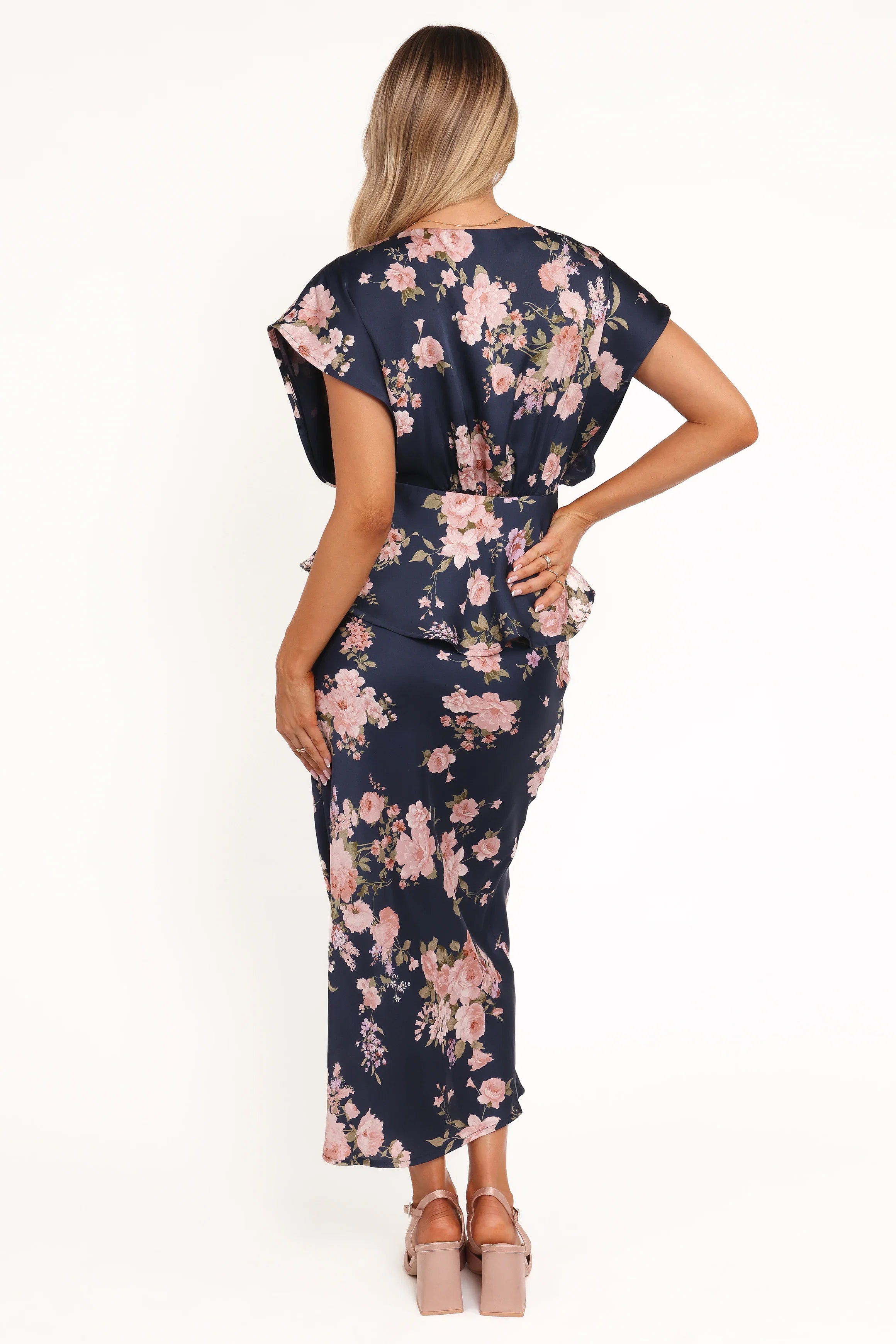 Kenna Satin Midi Skirt Navy Floral