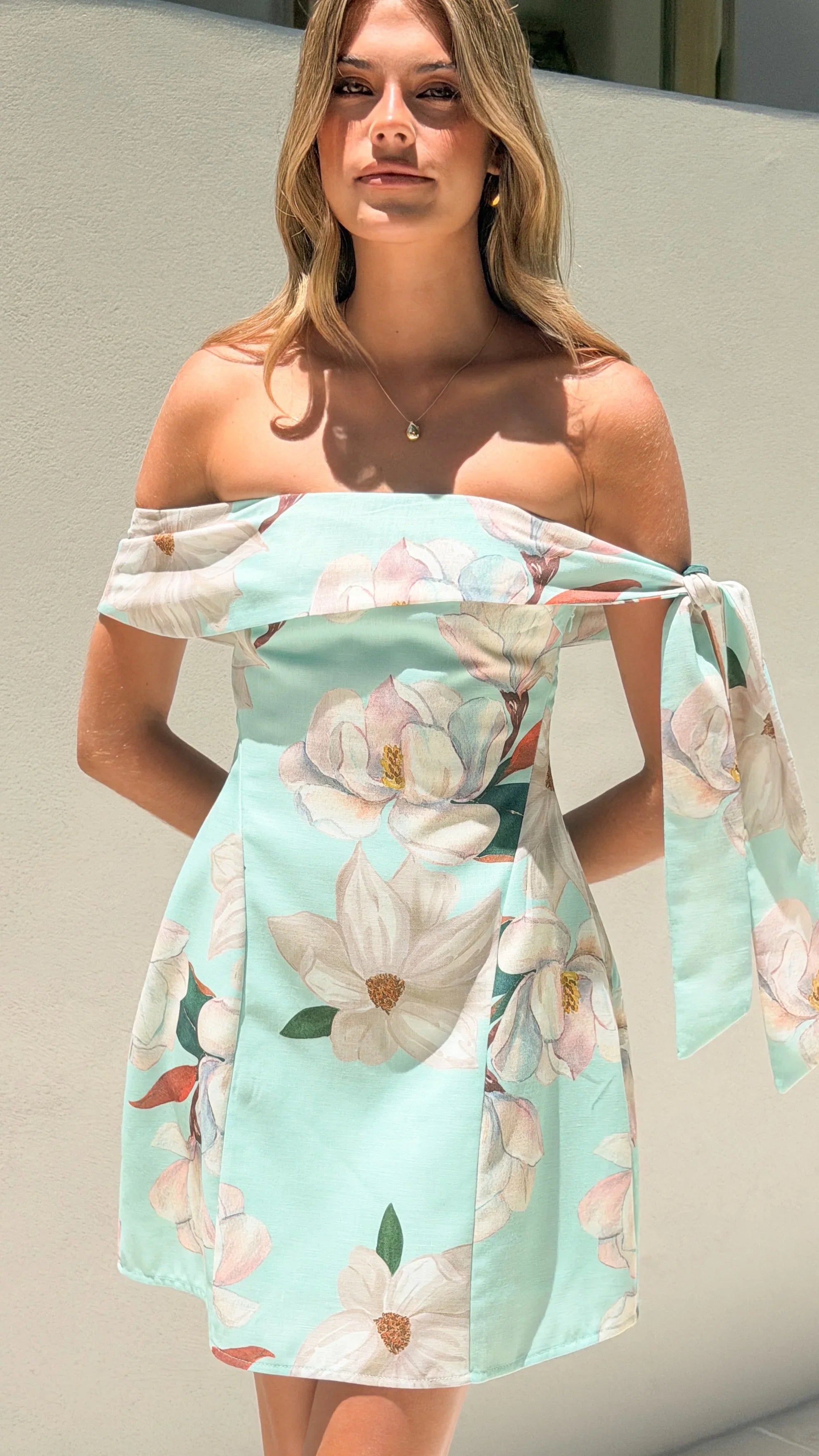 Halen Off Shoulder Mini Dress Aqua White Floral