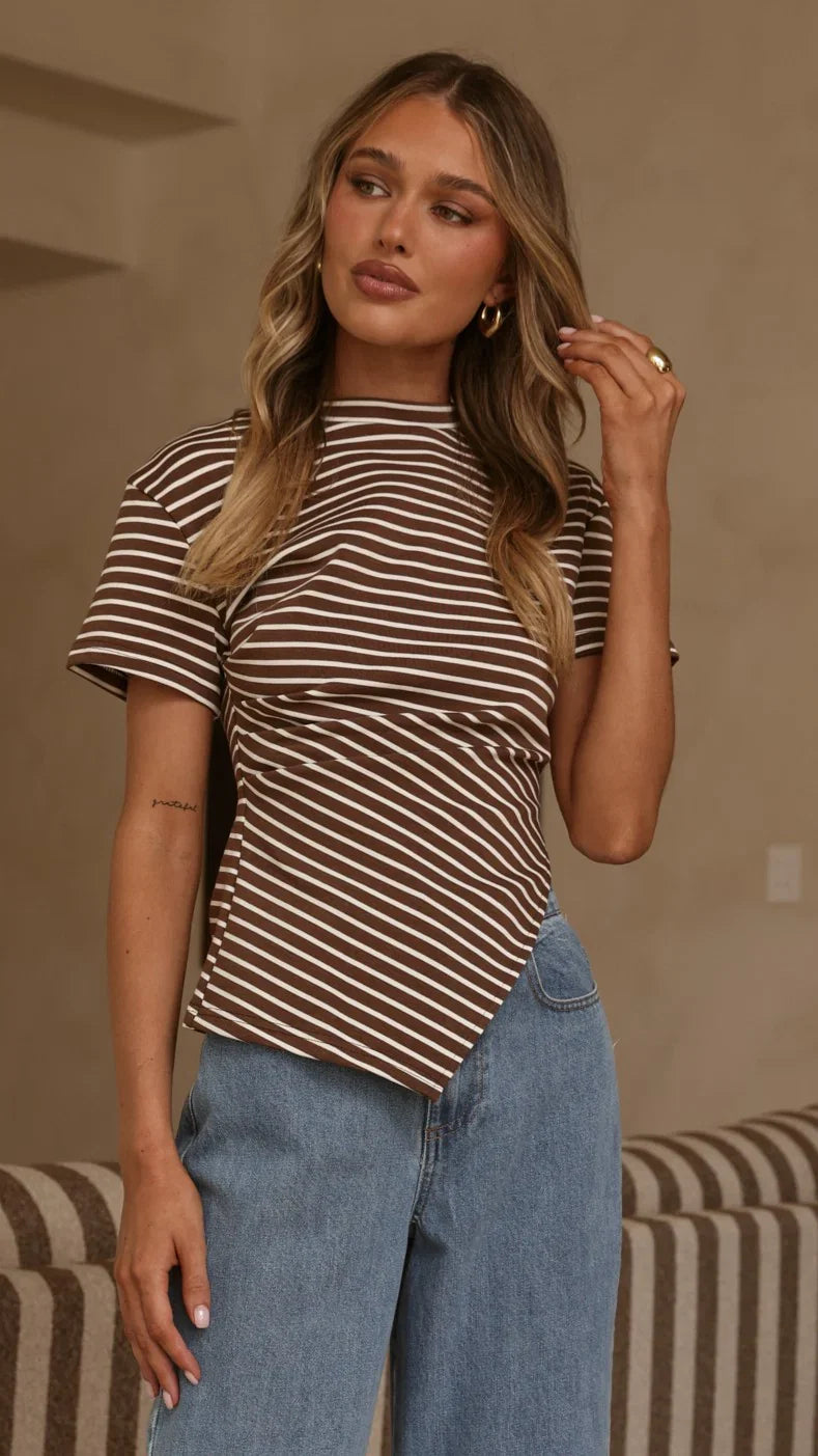 Tiarna Side Ruched Tee Brown White Stripe