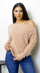 Tala Slouch Off Shoulder Knit Sweater Peach