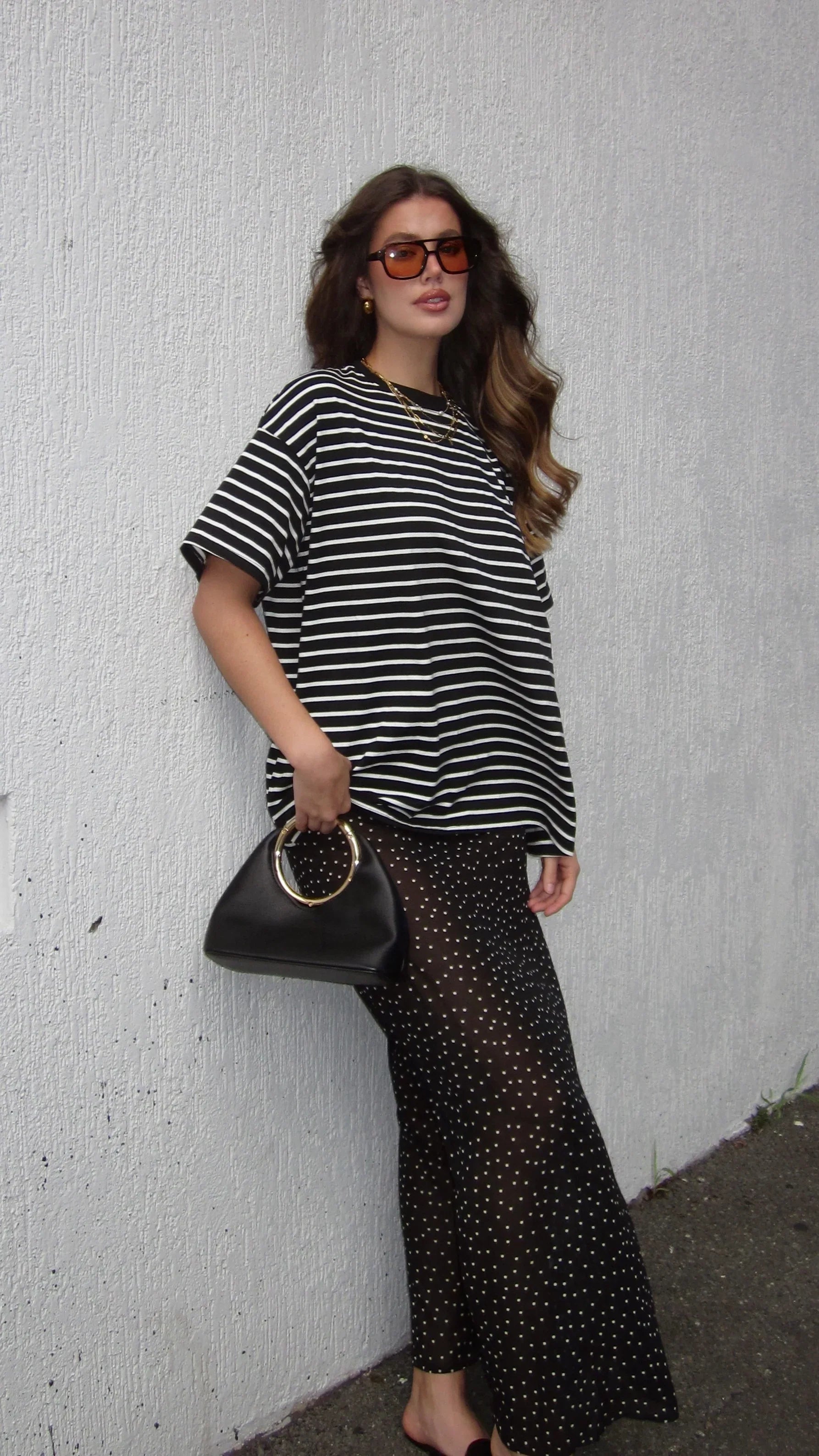 Elisha T Shirt and Sheer Maxi Skirt Set White Black Stripe and Polka Dot