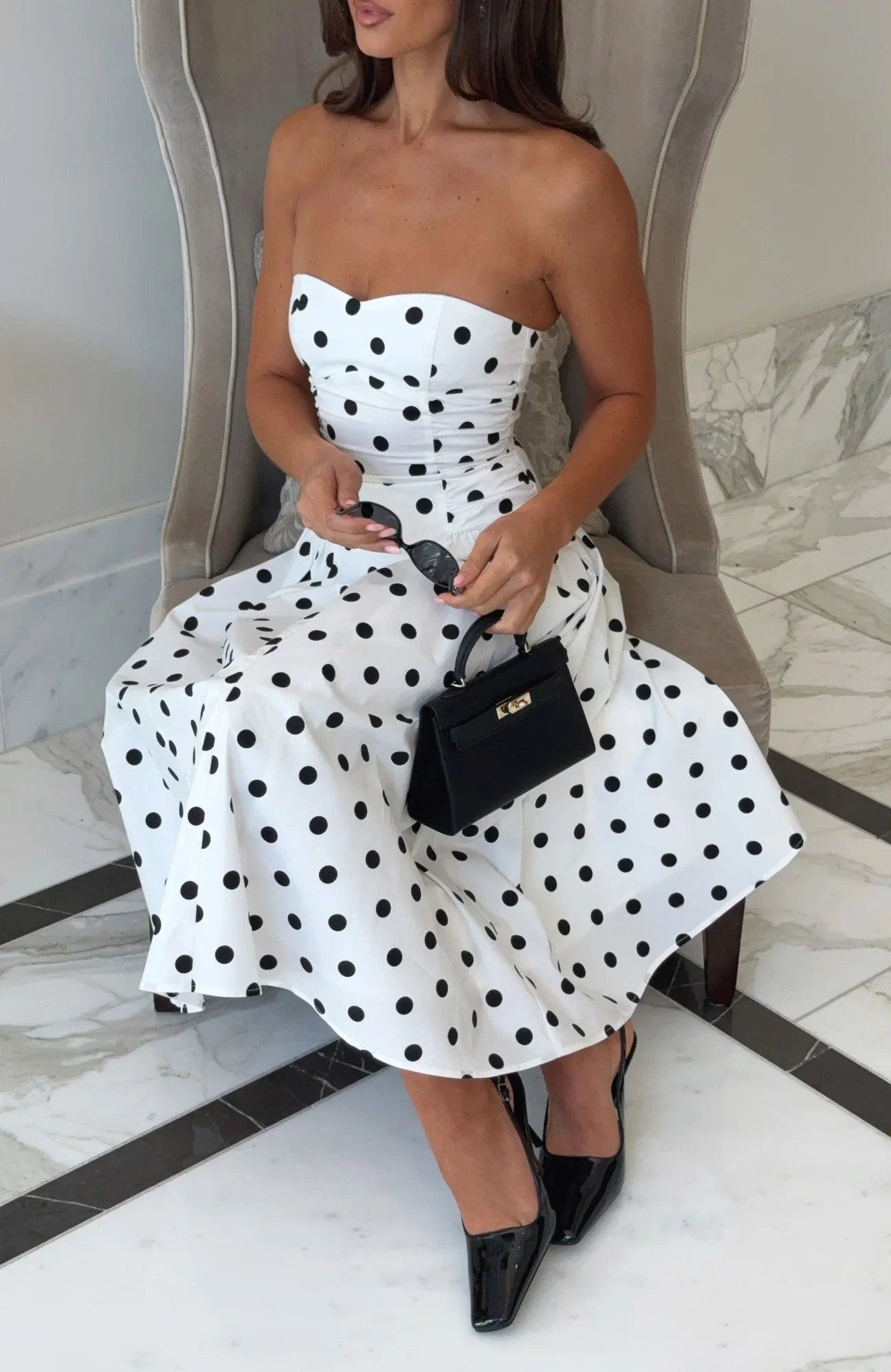 Rich In Love Strapless Midi Dress White Black Polka Dot
