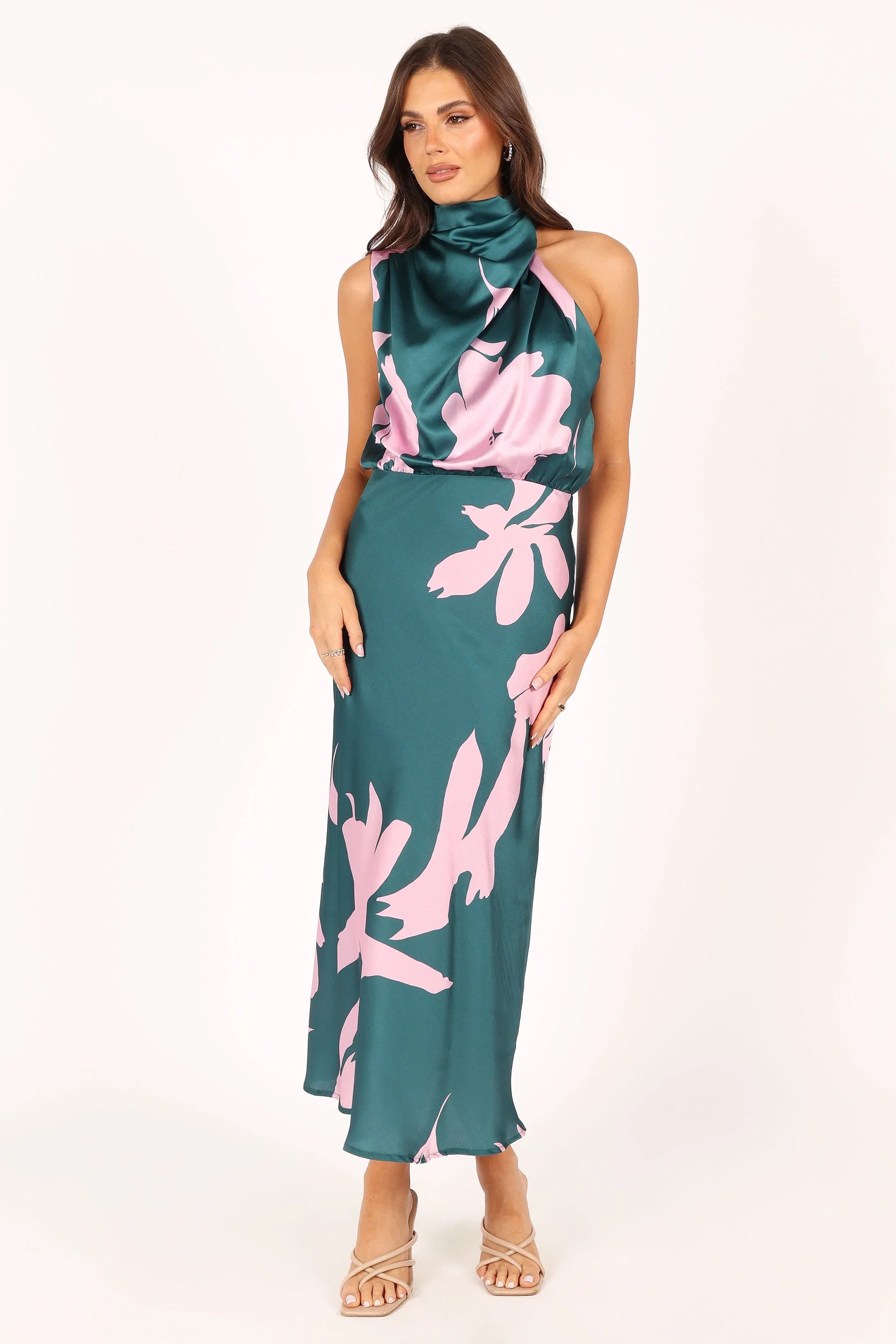 Anabelle Halter Neck Midi Dress Green Pink