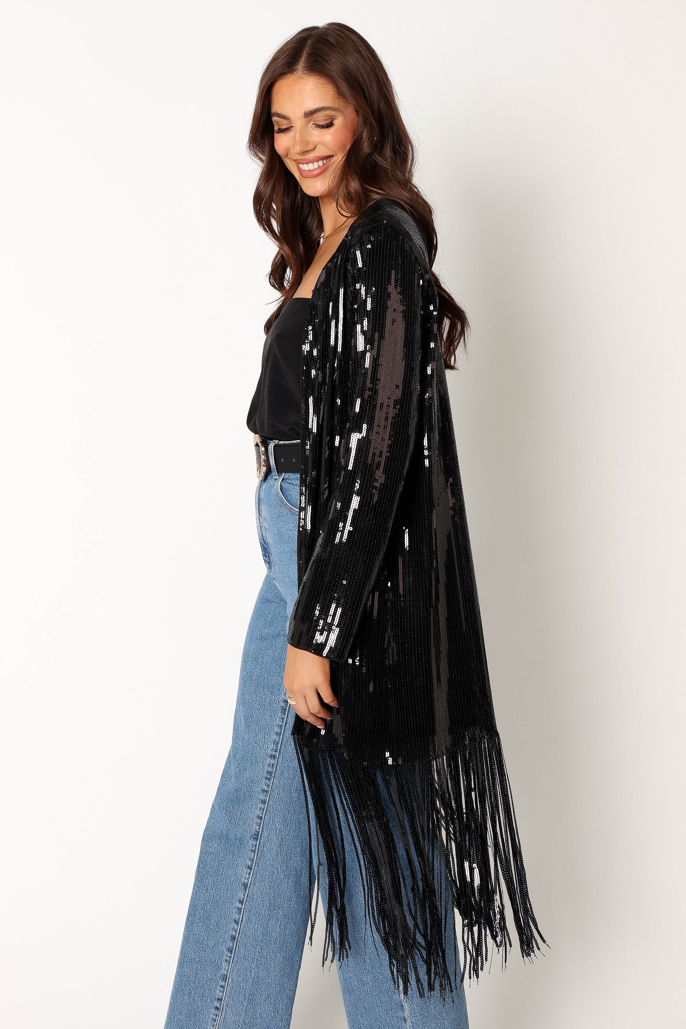 Miriam Sequin Fringe Duster Black