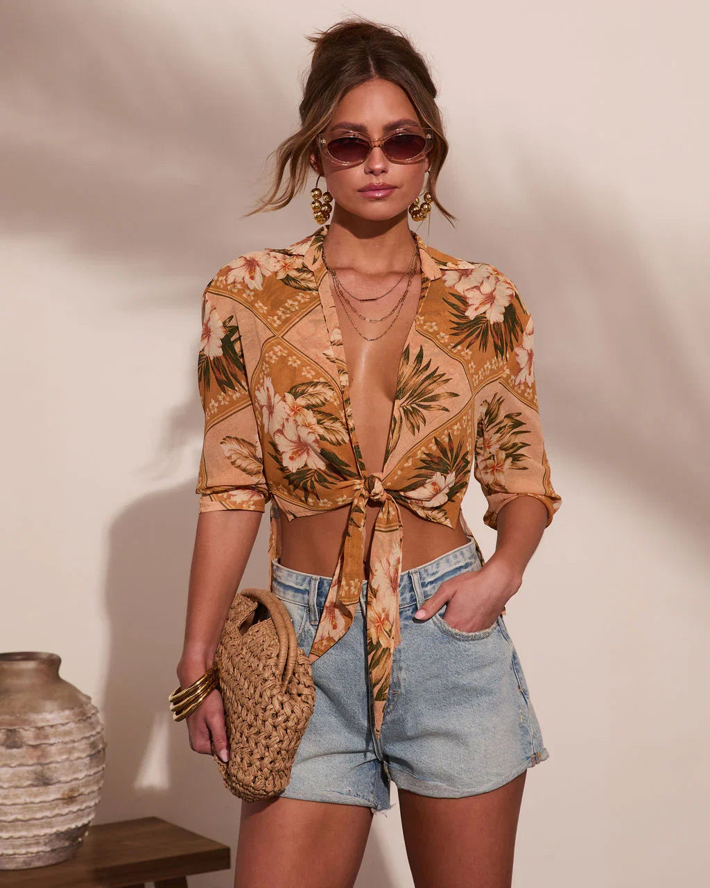 Mediterranean Muse Floral Front Tie Top