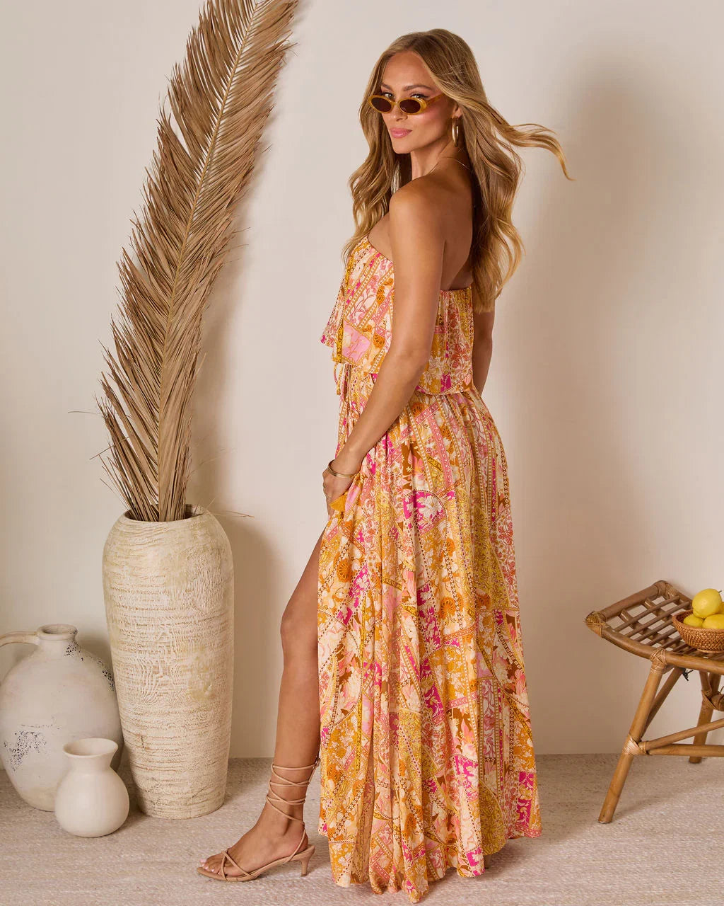 Rosha Printed Strapless Tie Maxi Dress