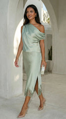 Alessara Satin Lace Off Shoulder Set Sage Green