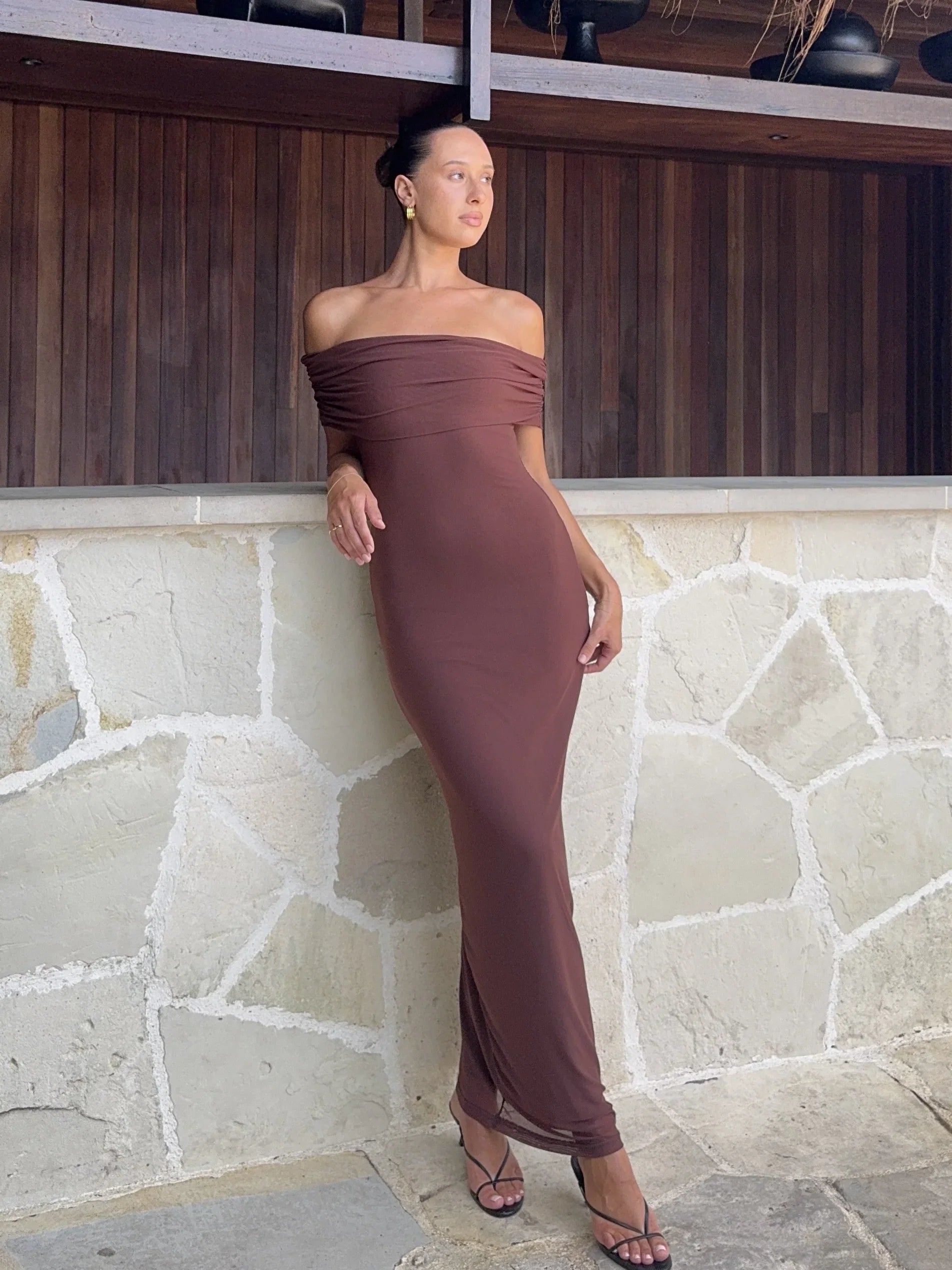 Darcey Off Shoulder Maxi Dress Brown