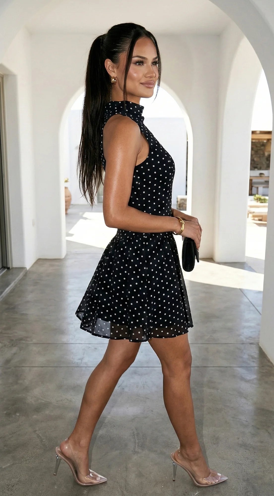 Colette Polka Dot High Neck Mini Dress Black