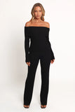 Gindie Ribbed Knit Off The Shoulder Pant Set Black
