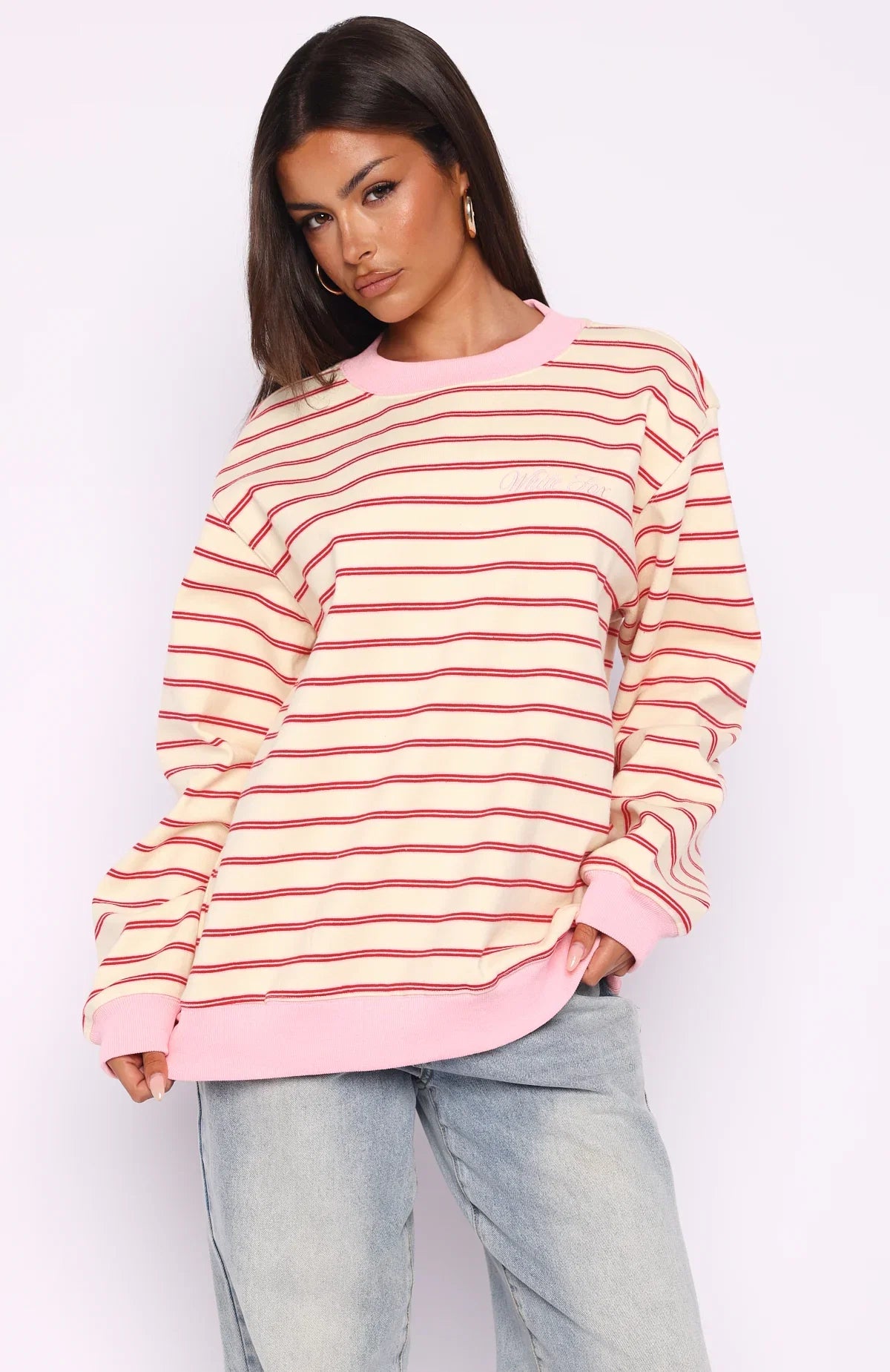 Happy Go Lucky Oversized Sweater Cream Red Stripe