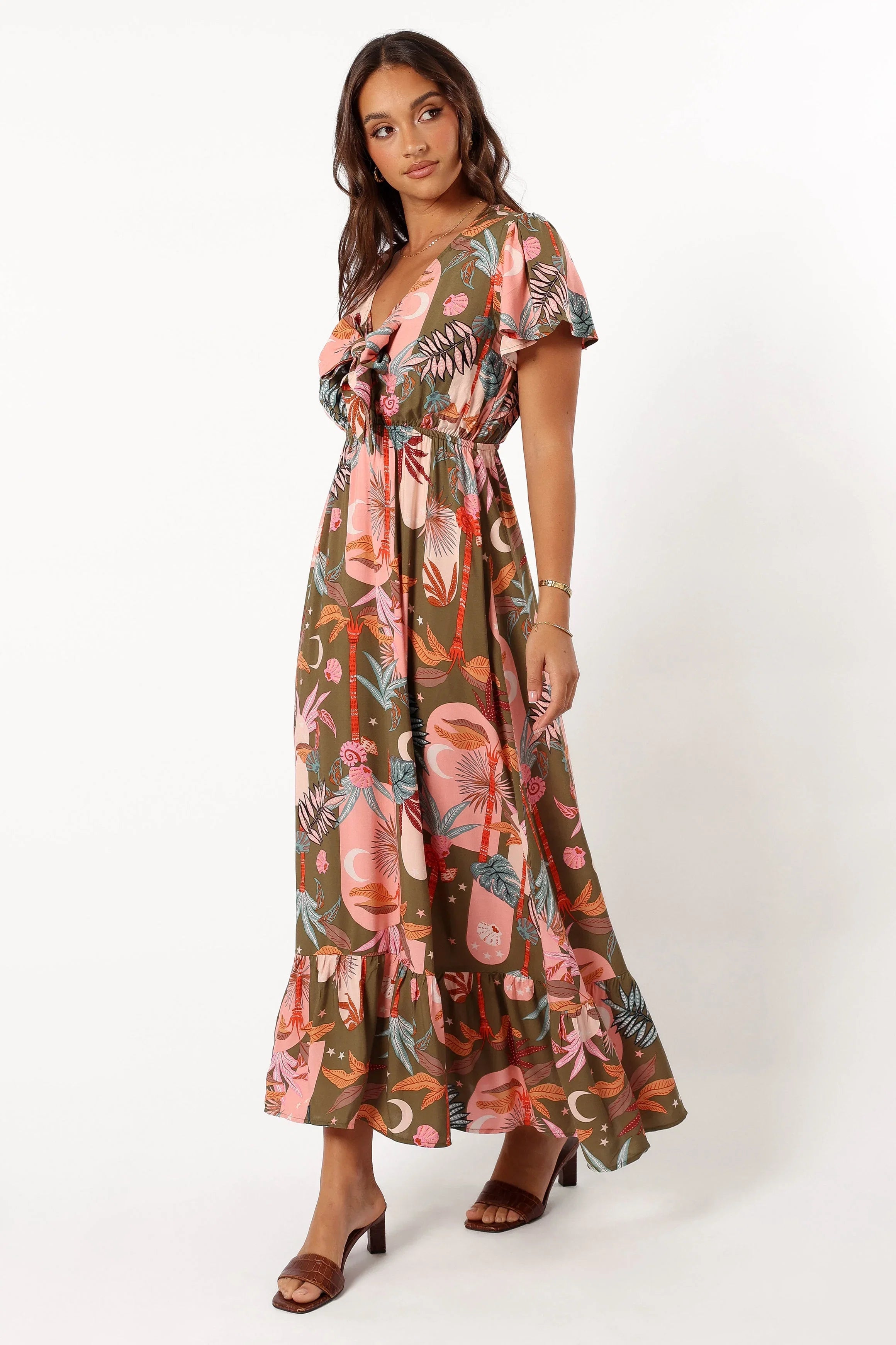 Everly Short Sleeve Maxi Dress Olive Print