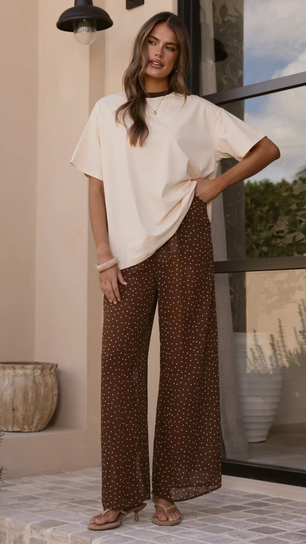 Zavier Oversized T Shirt and Polka Dot Pants Set Beige Chocolate