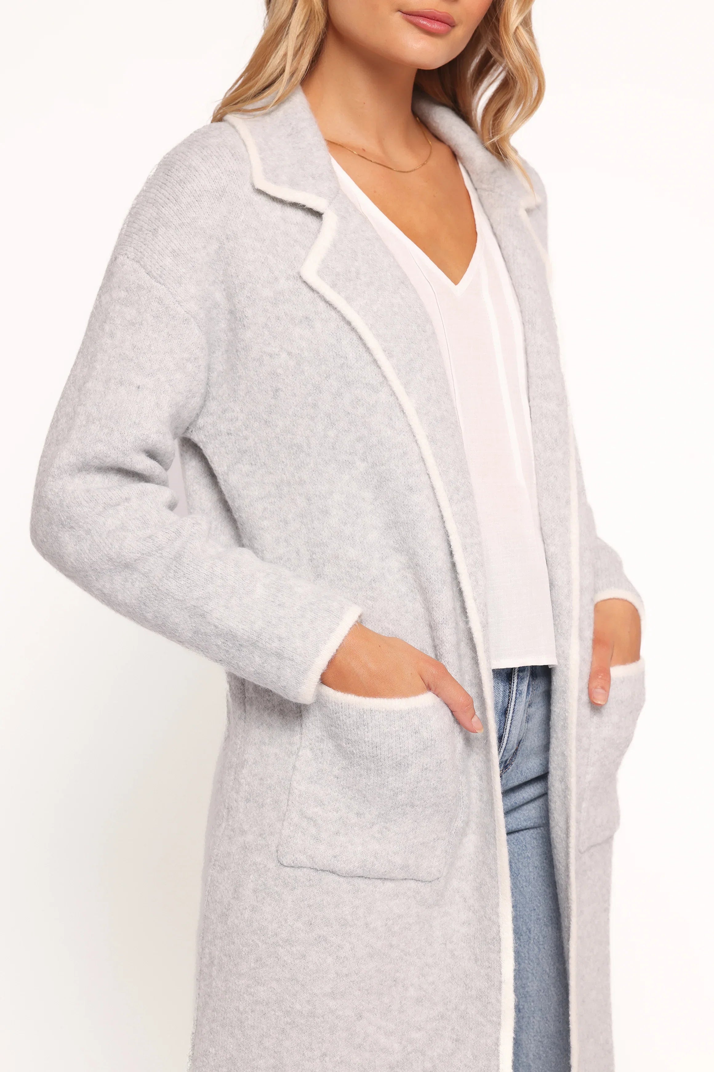 Katia Contrast Trim Coatigan Light Grey