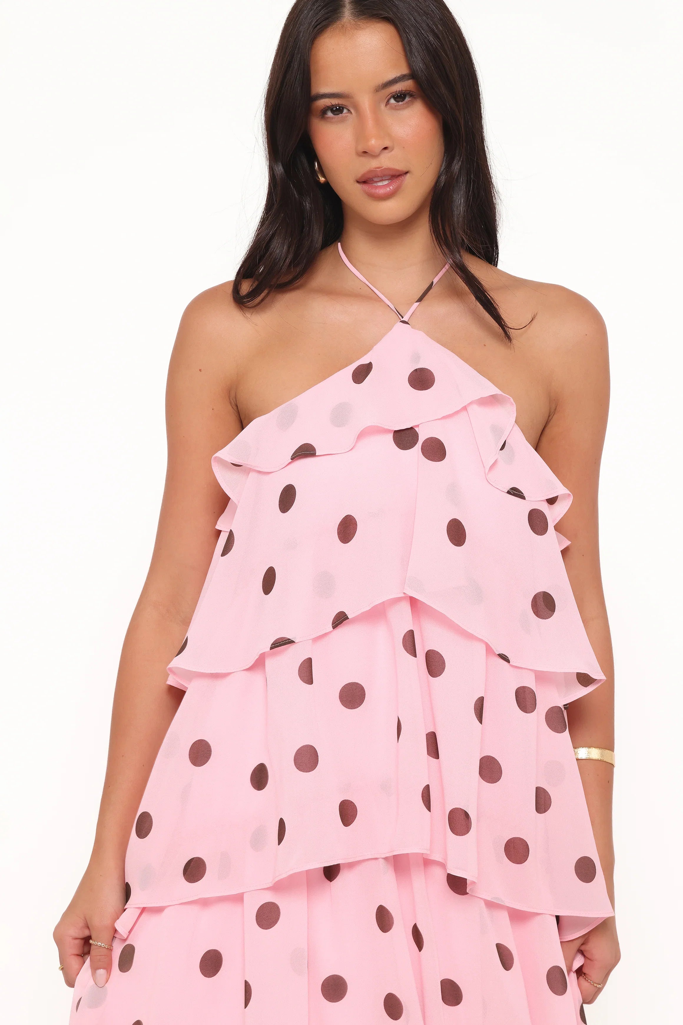 Chasity Halterneck Maxi Dress Pink Polka Dot