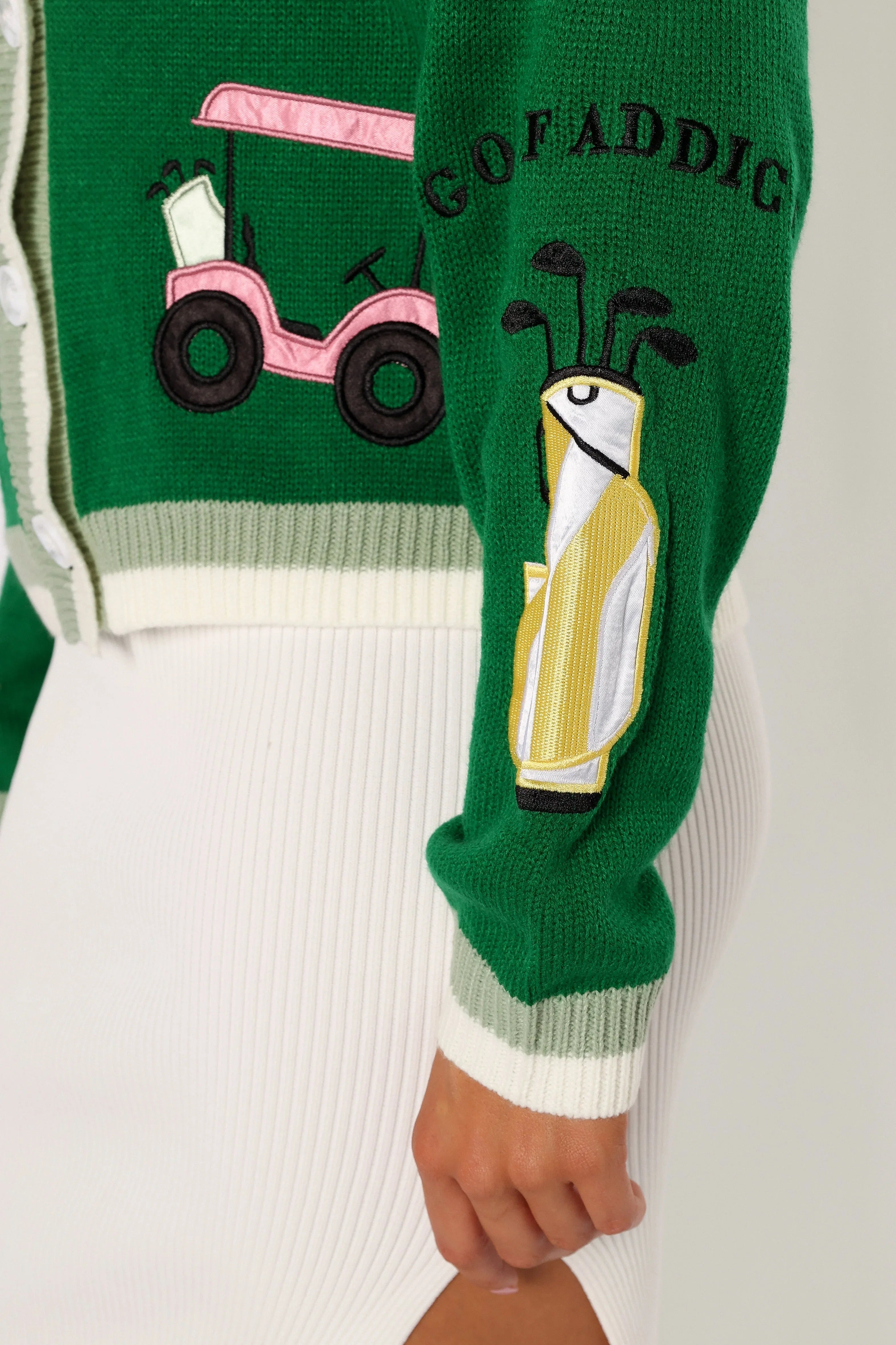 Golf Embroidered Patch Button Front Cardigan Field Green