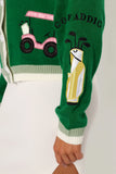 Golf Embroidered Patch Button Front Cardigan Field Green