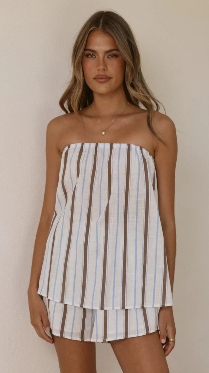 Calliope Strapless Top and Shorts Set Choc Blue Stripe