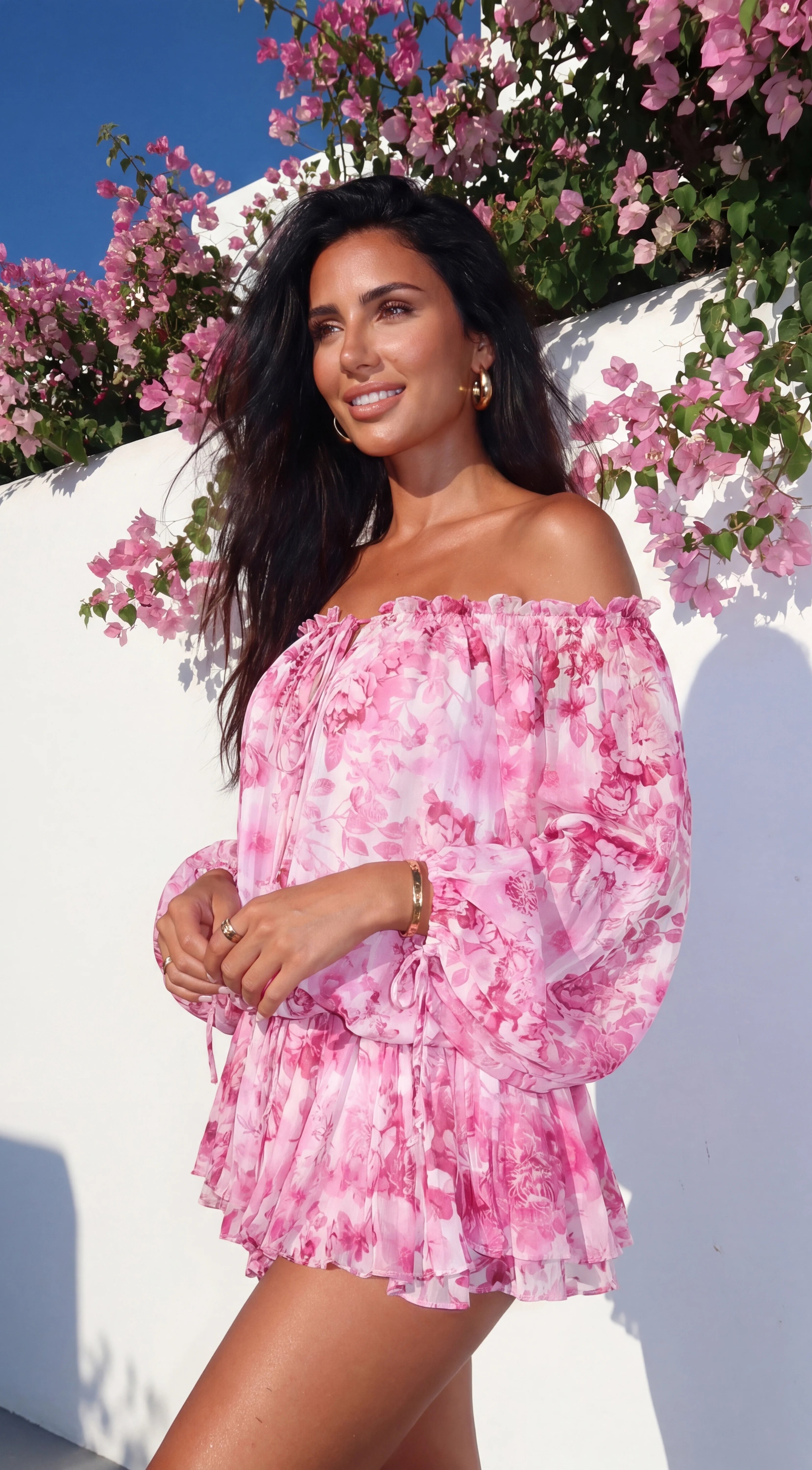 Romanella Peony Floral Off Shoulder Mini Dress Pink