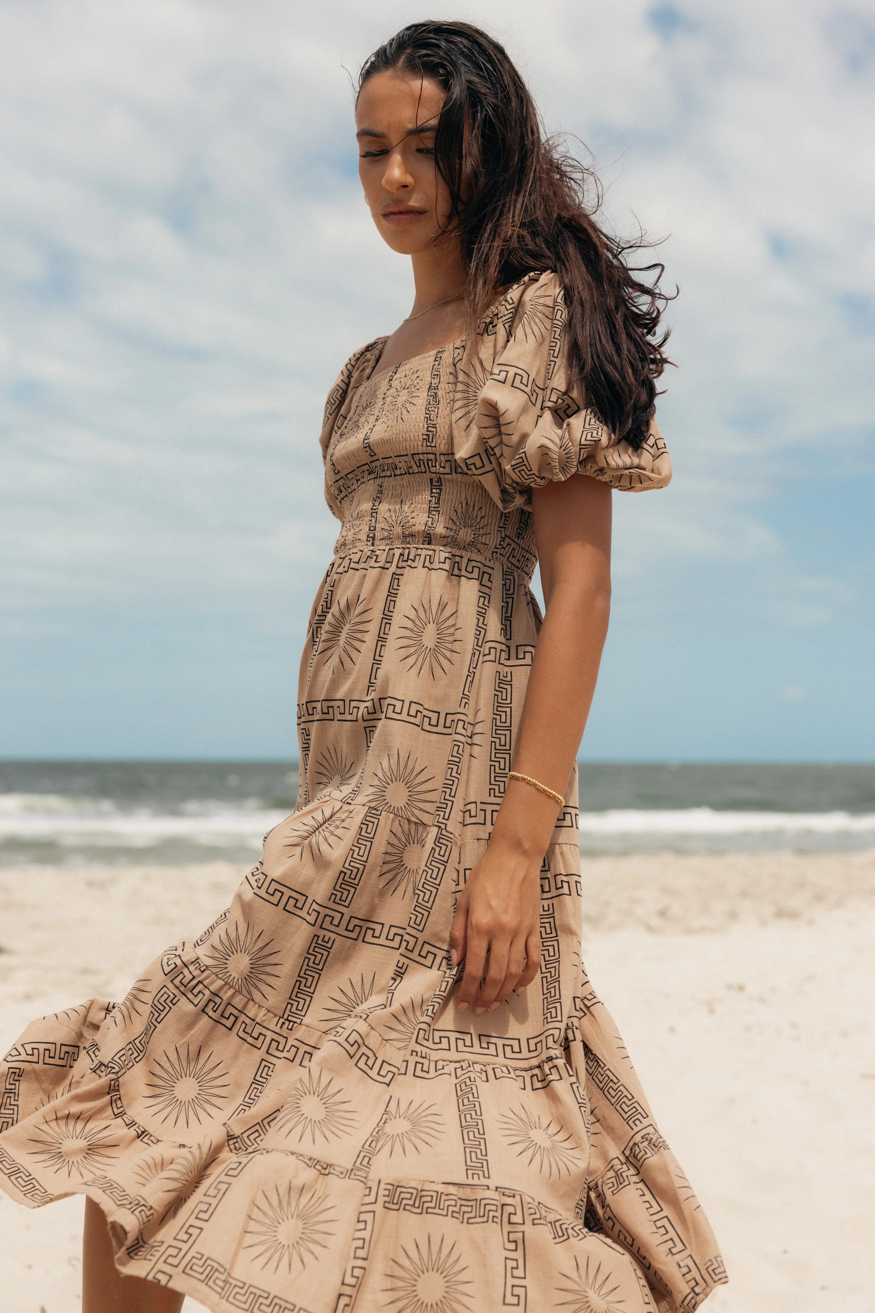 Soliel Puff Sleeve Midi Dress Tan Black