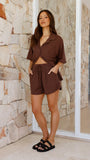 Machiko Button Up Shirt and Shorts Set Brown Waffle Knit