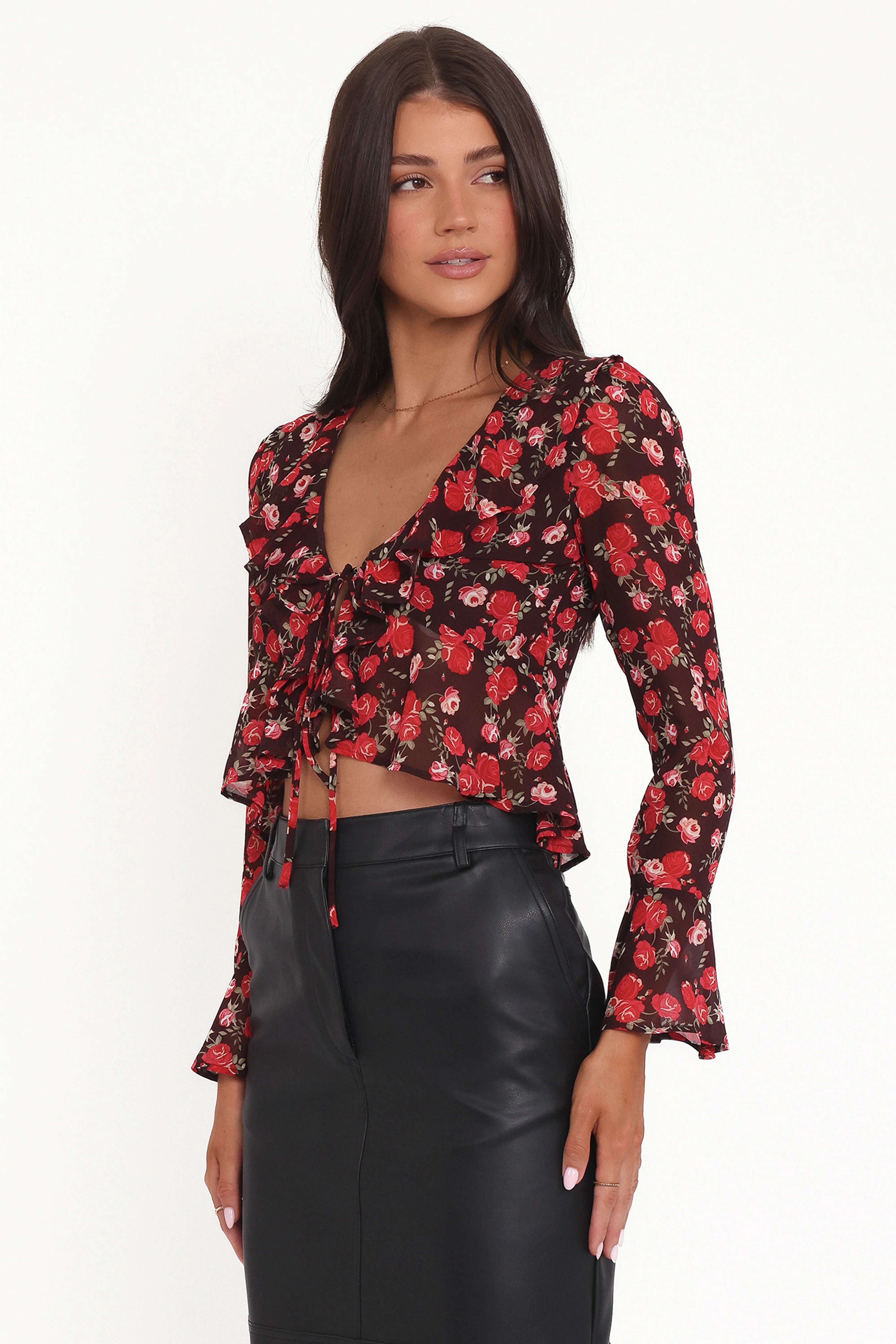 Aveline Chiffon Ruffle Front Top Brown Floral
