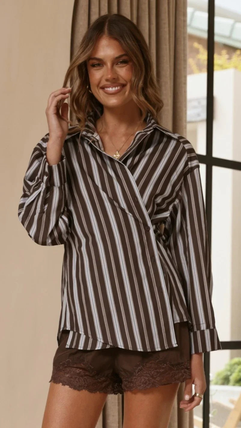 Valia Asymmetrical Button Up Shirt Brown Blue Stripe