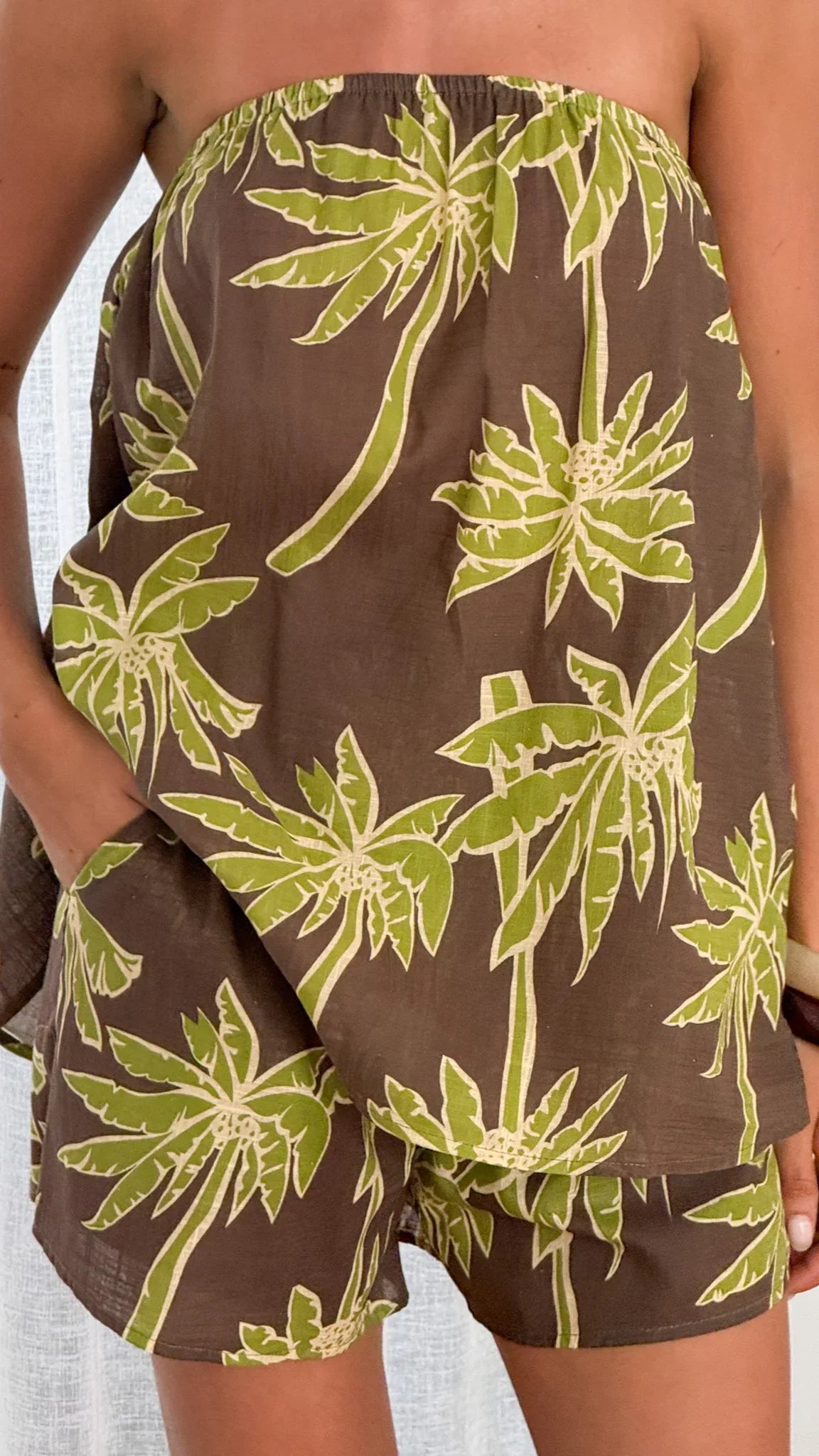 Calliope Strapless Top and Shorts Set Brown Green Palm