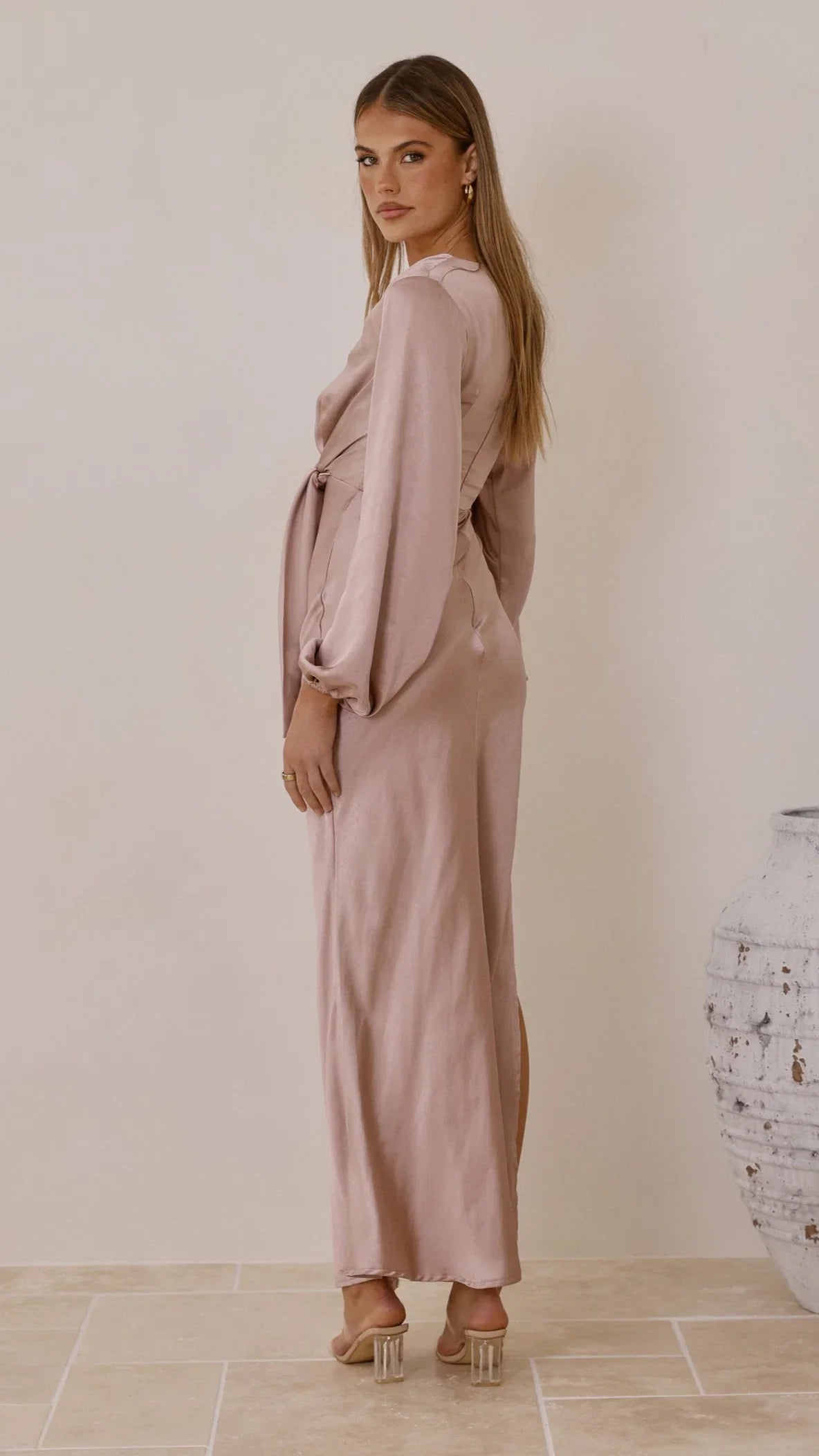 Ivy Long Sleeve Tie Front Maxi Dress Dusty Pink