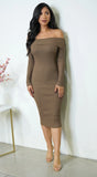 Sonja Off Shoulder Long Sleeve Ribbed Midi Dress Brown