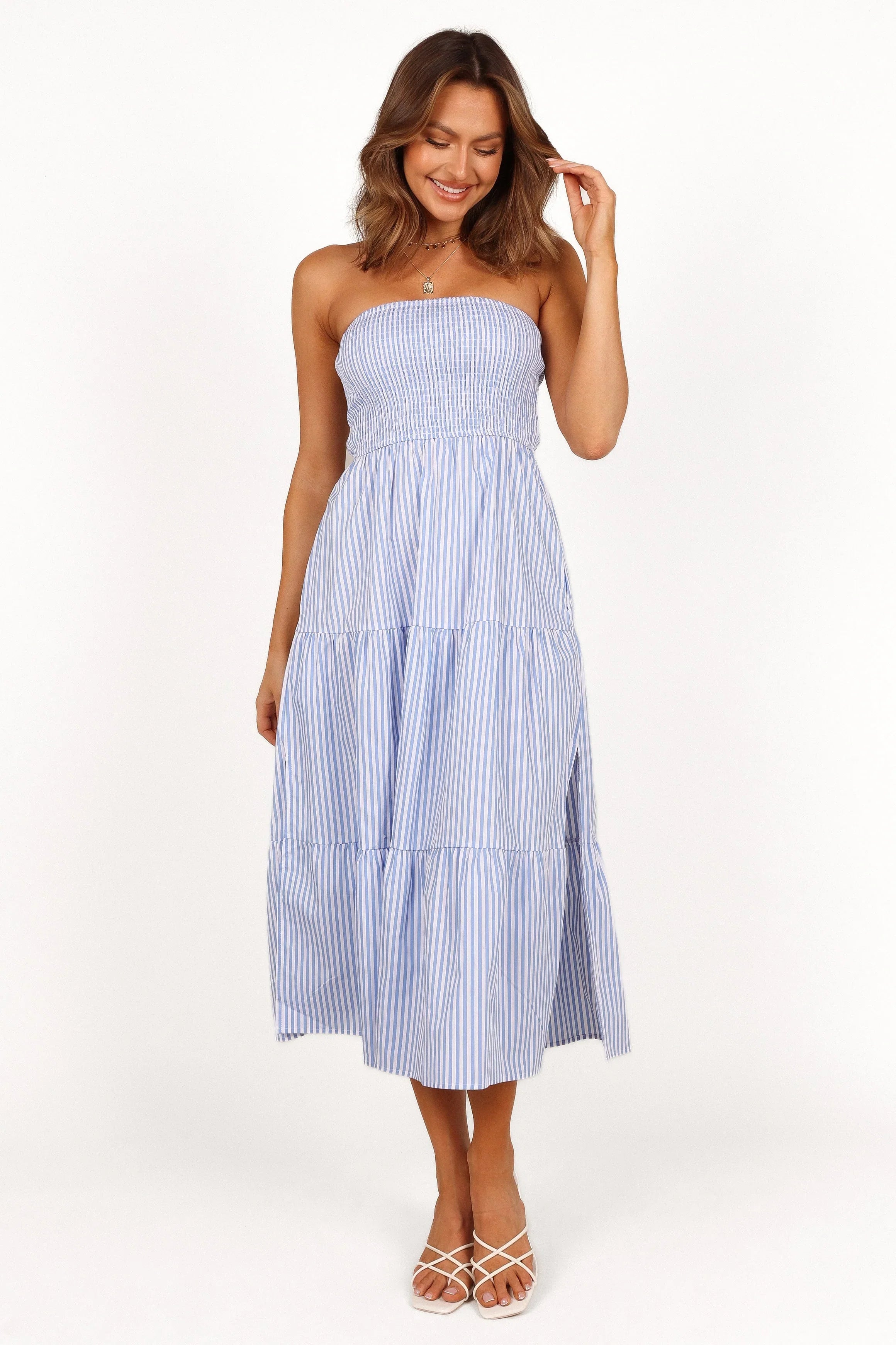 Maisie Strapless Midi Dress Blue Stripe