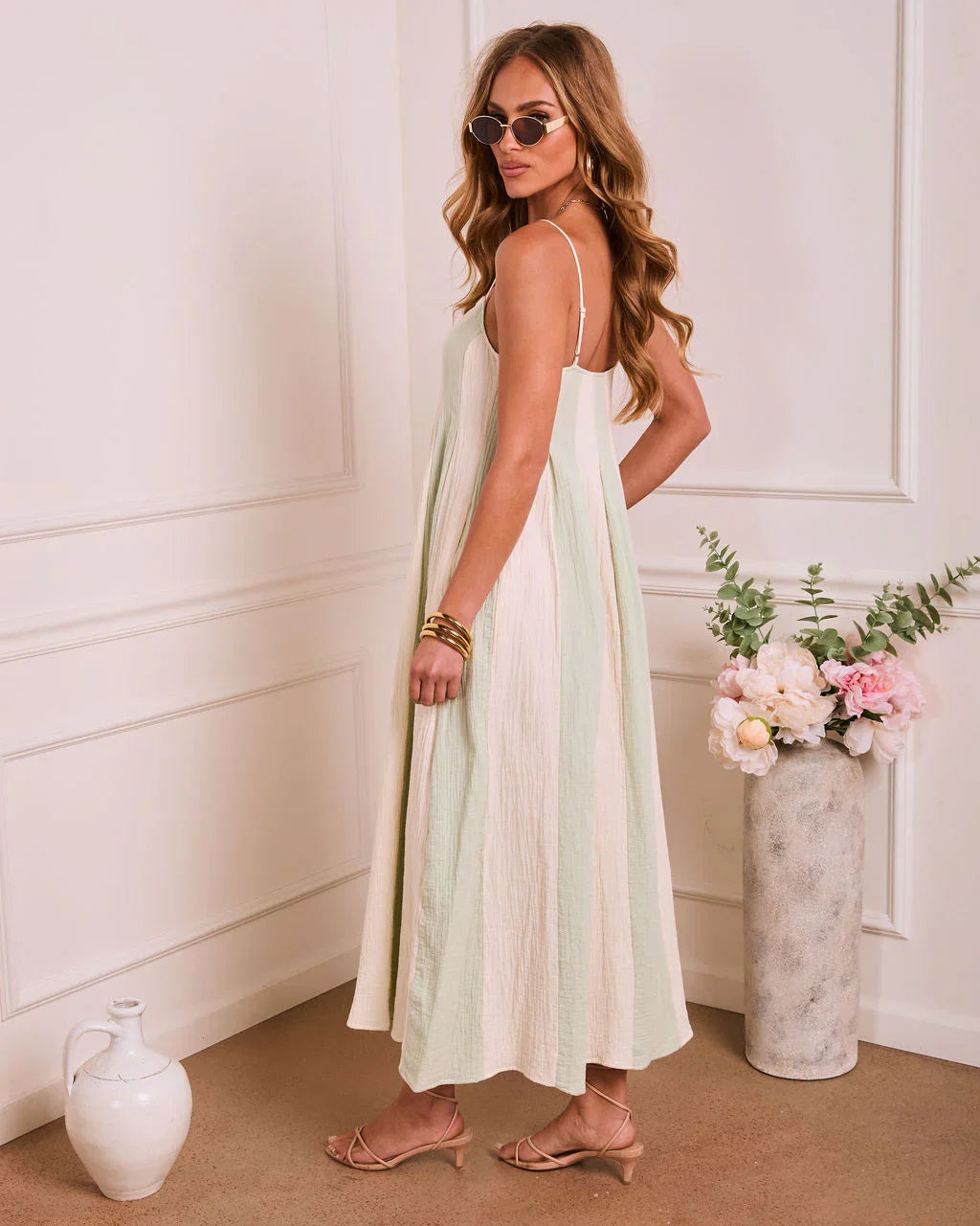 Dewy Meadow Striped Godet Maxi Dress