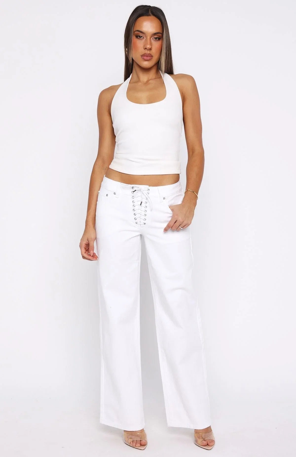 Making Appearances Mid Rise Lace Up Straight Leg Jeans White