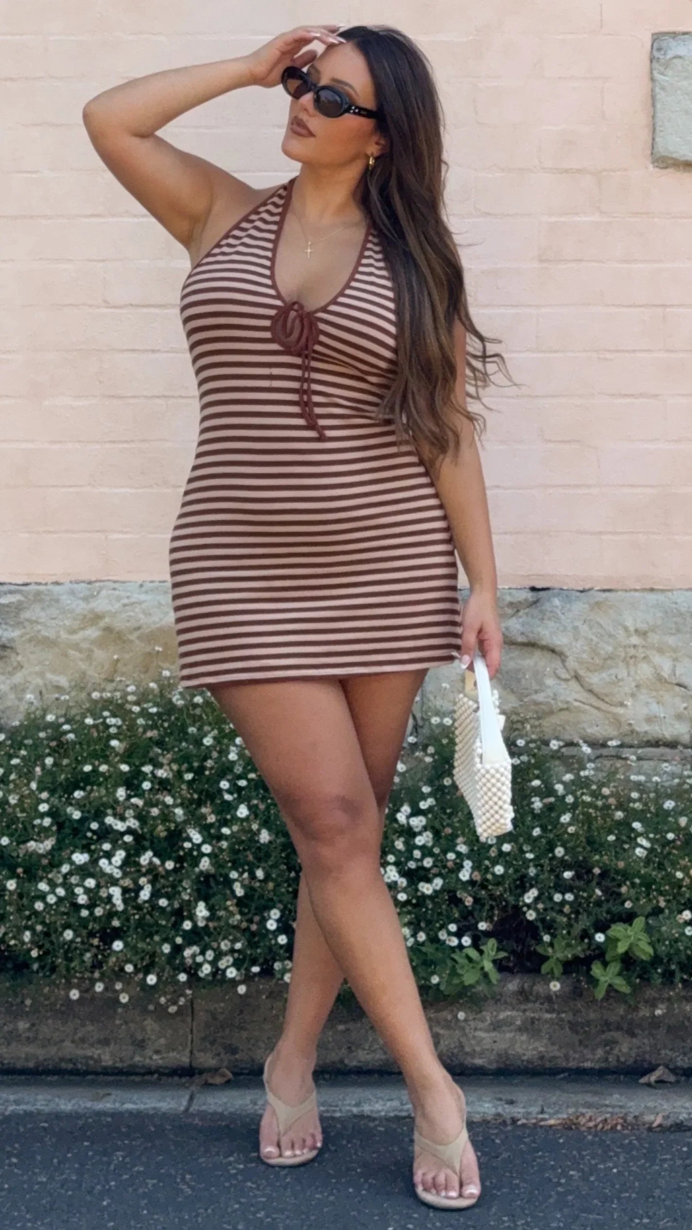 Jenna Halter Knit Mini Dress Chocolate Nude Stripe