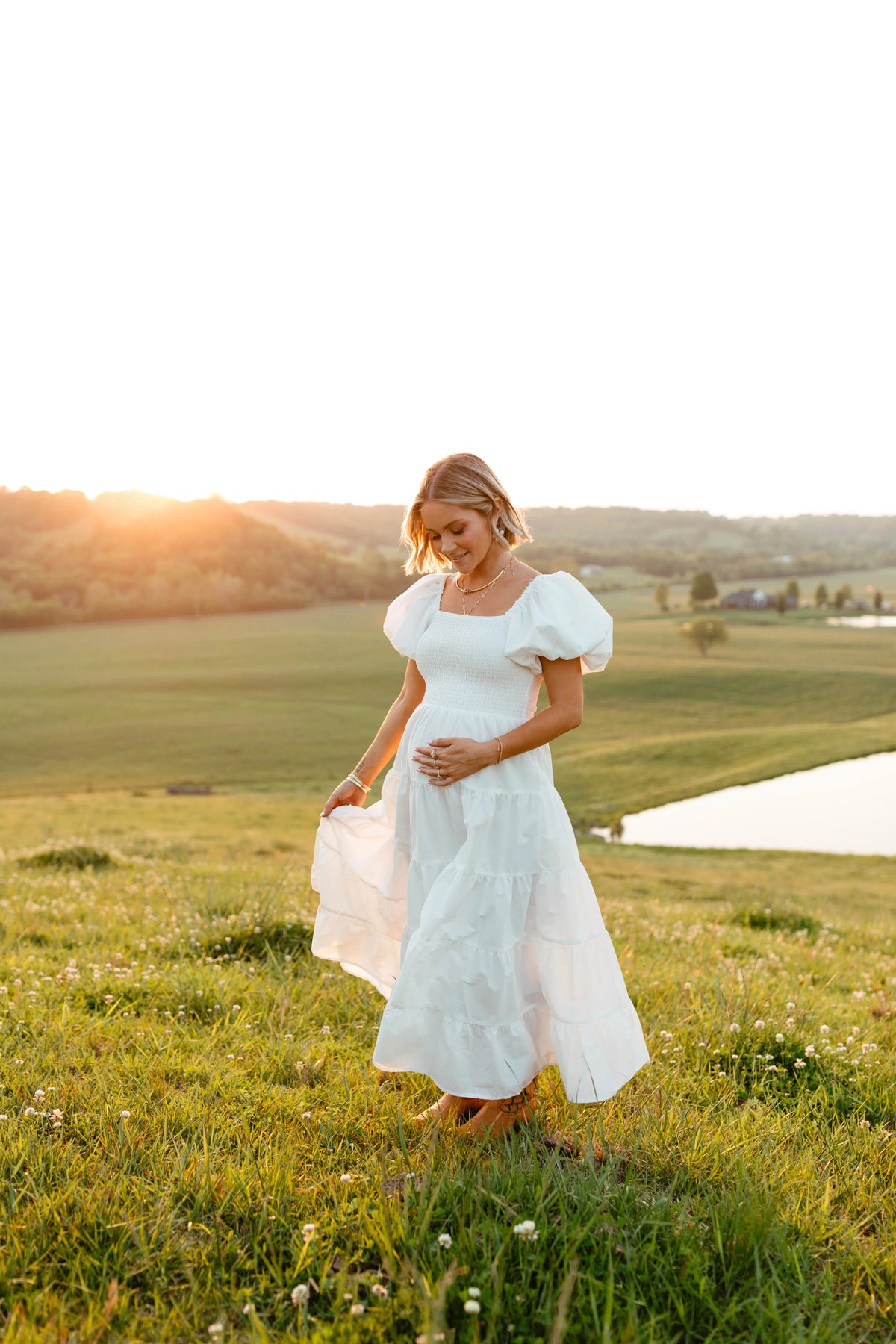 Annette Puff Sleeve Shirred Midi Dress White