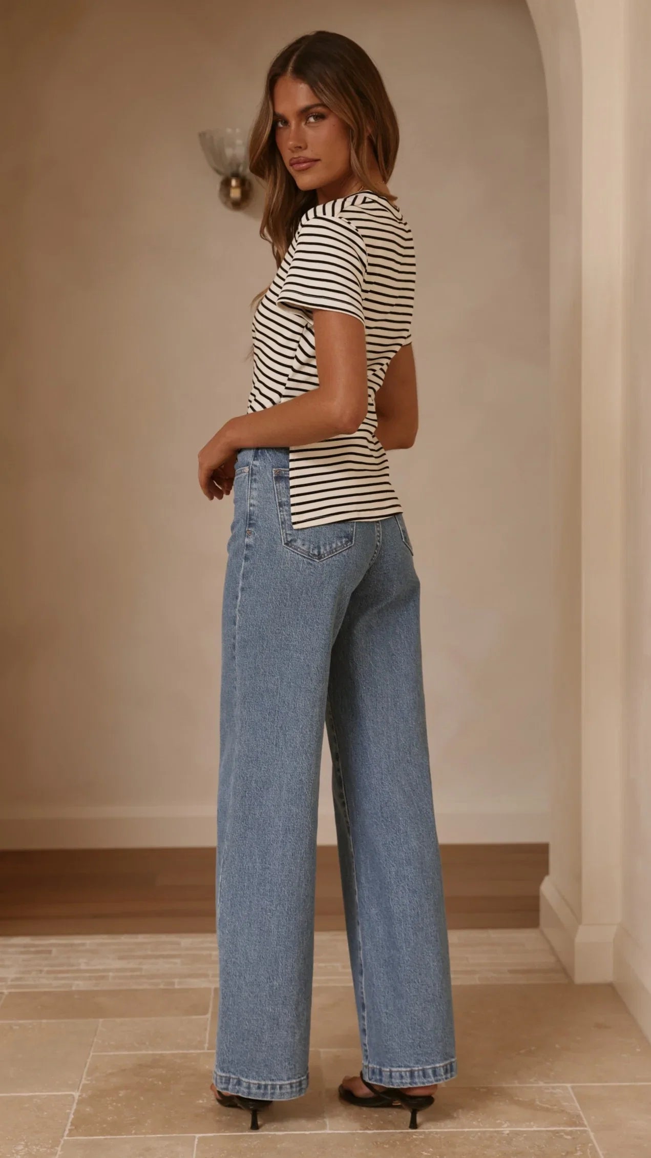 Tiarna Side Ruched Tee Black White Stripe