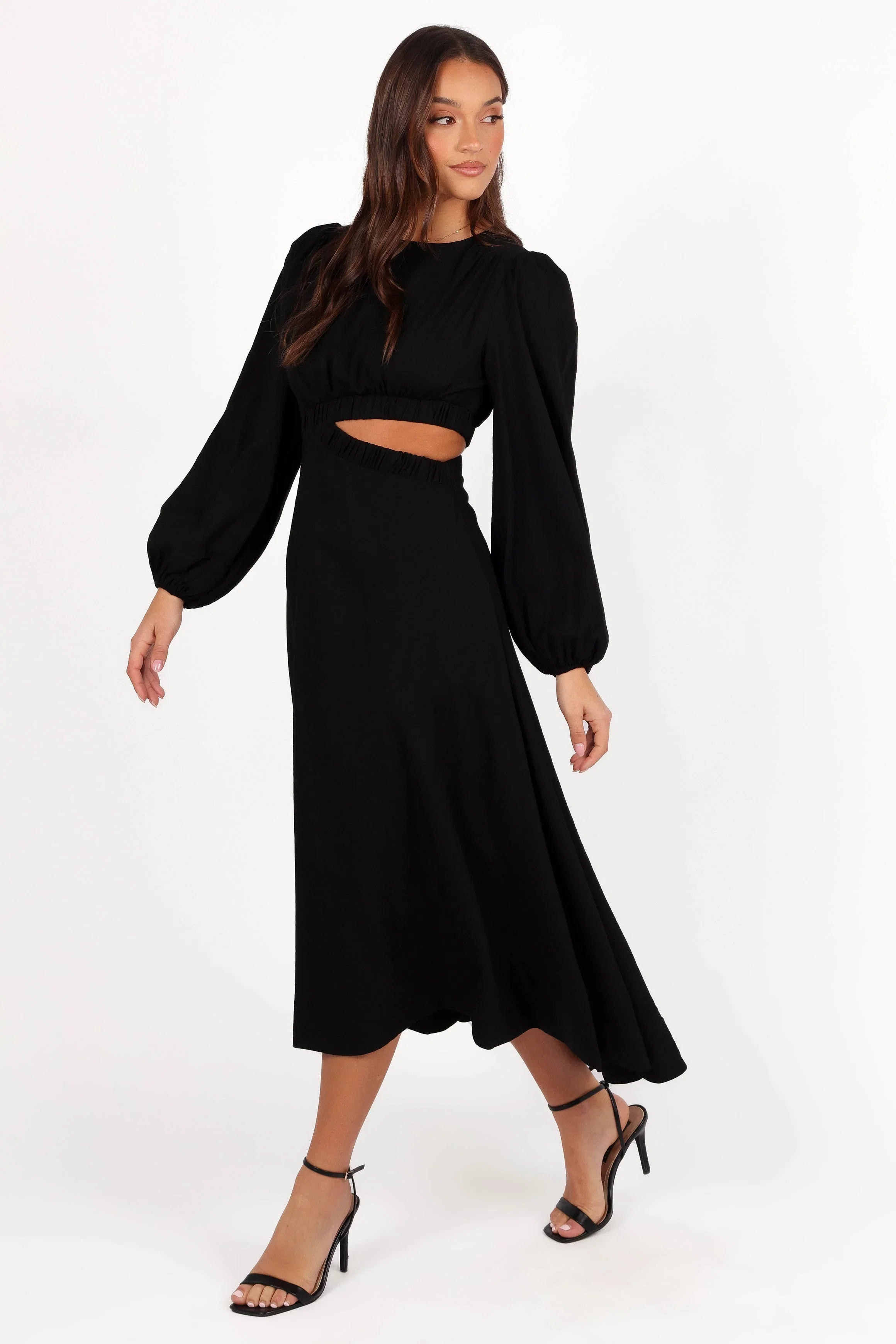 Ginnee Puff Sleeve Cutout Midi Dress Black