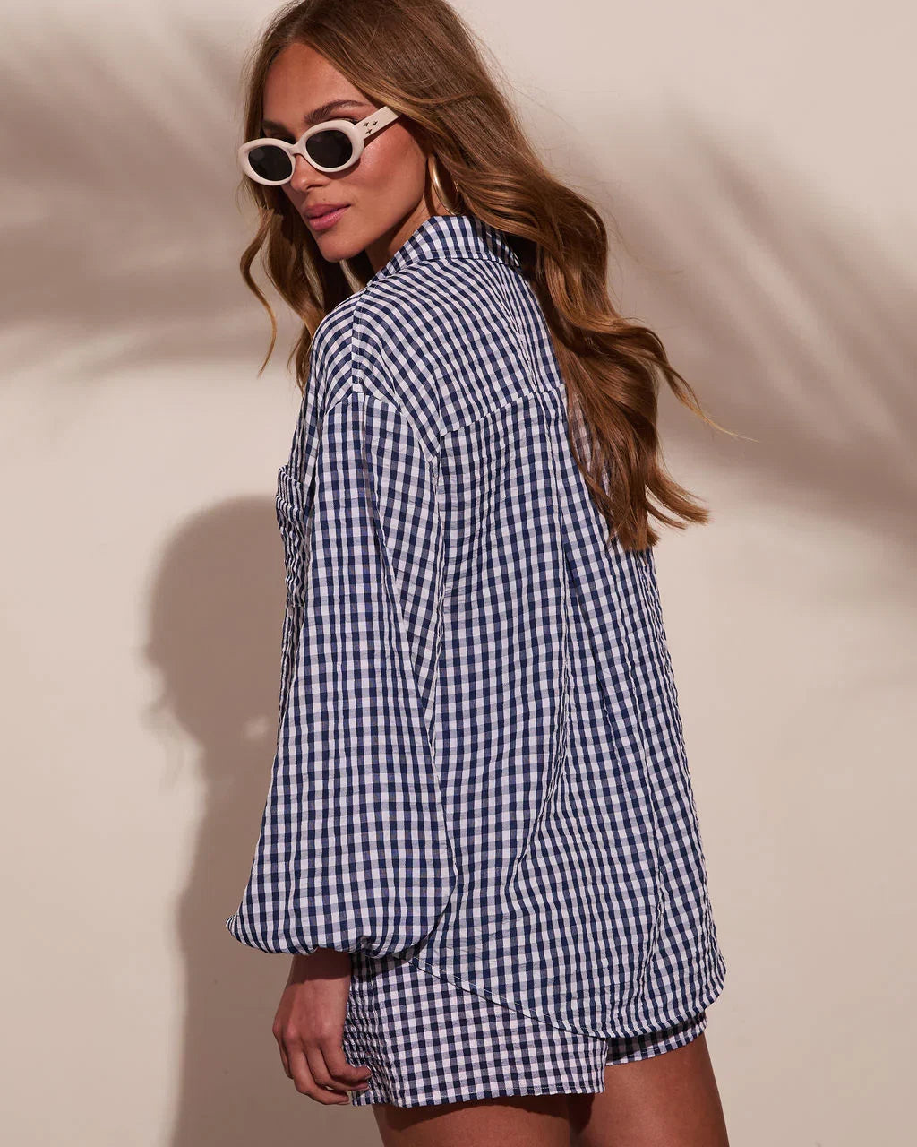 Sun Weathered Gingham Print Button Down Top