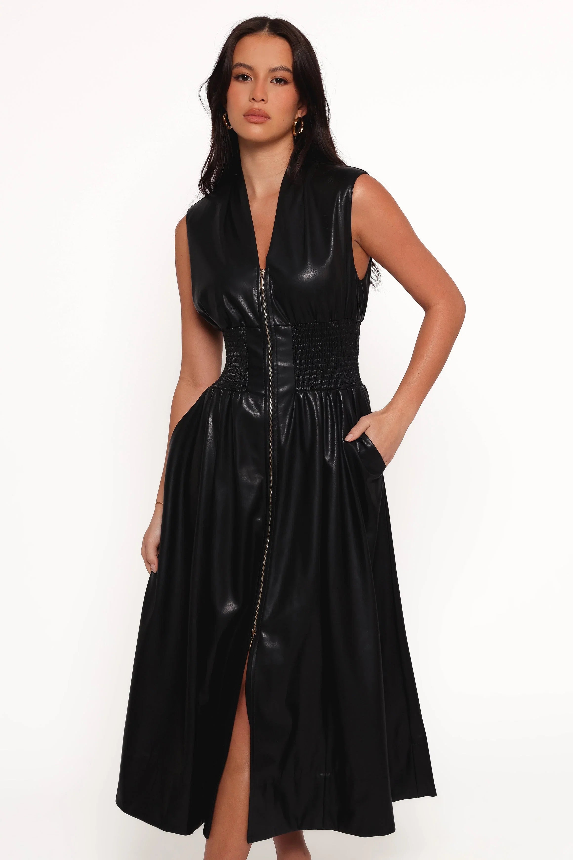 Lizzi Faux Leather Midi Dress Black