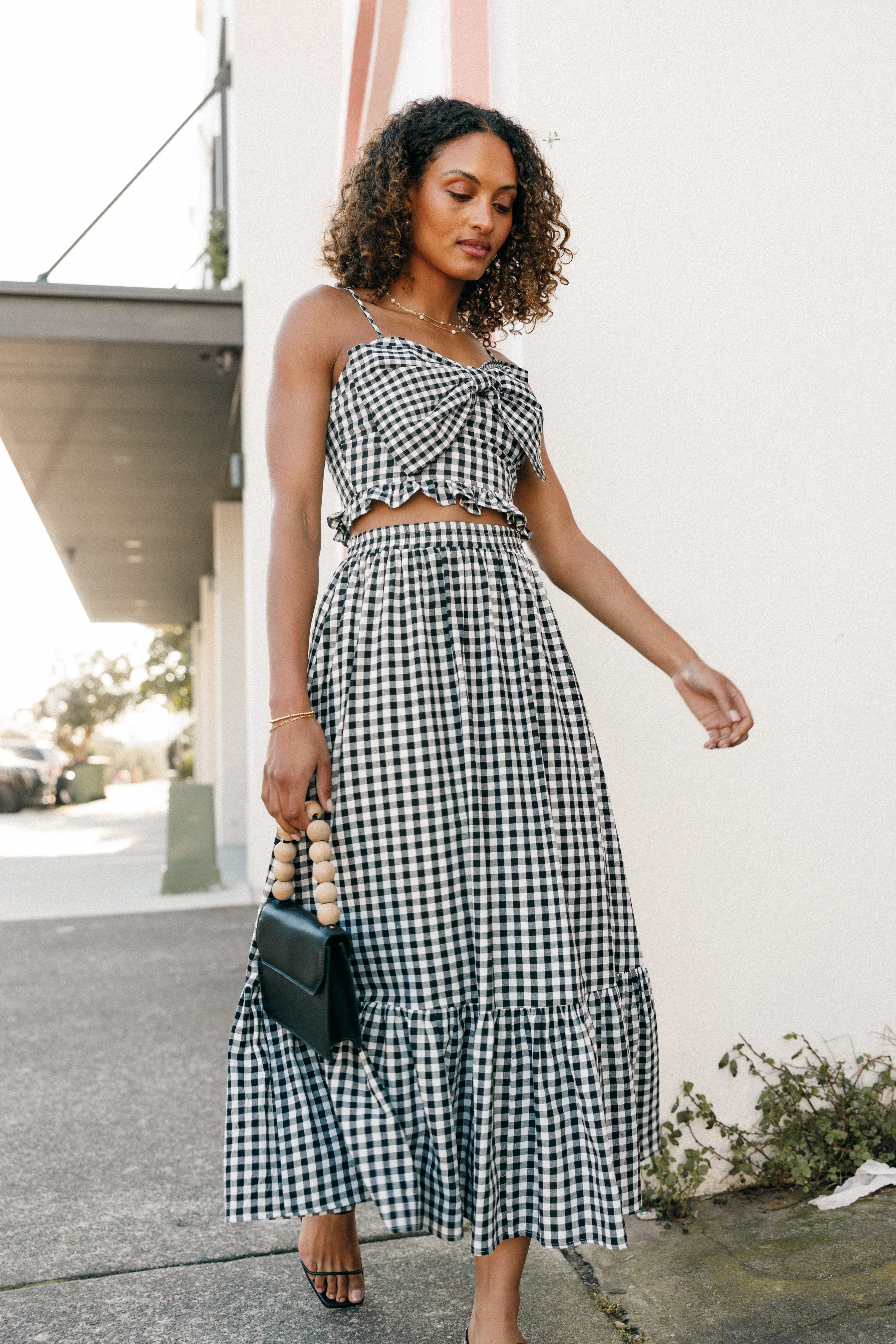 Bambi Tiered Midi Skirt Black Gingham