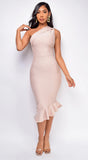Luna Asymmetric Ruffle Bottom Bandage Dress Beige