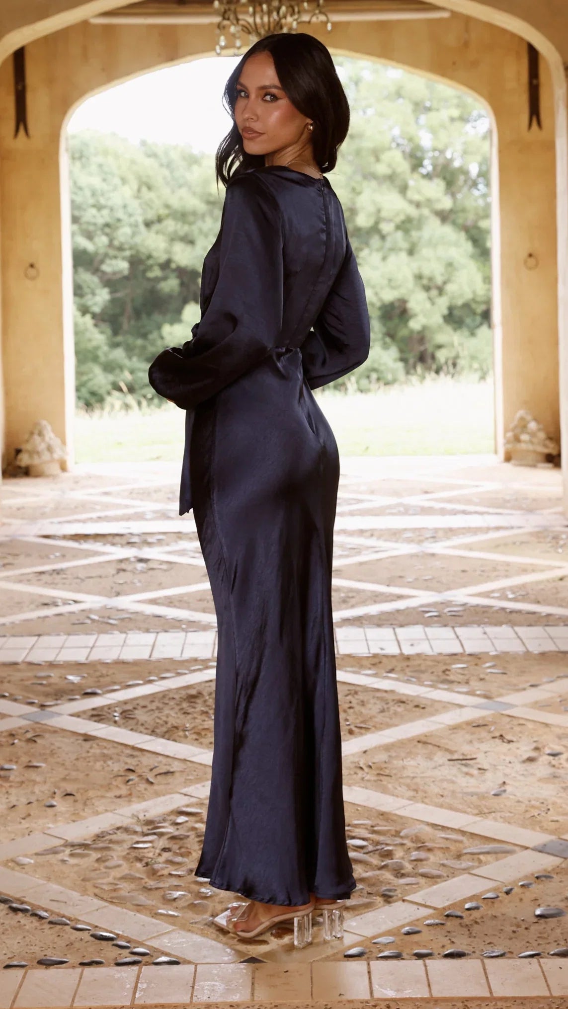 Ivy Long Sleeve Tie Front Maxi Dress Navy