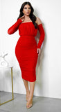 Annora Mesh Long Sleeve Ruched Midi Dress Red