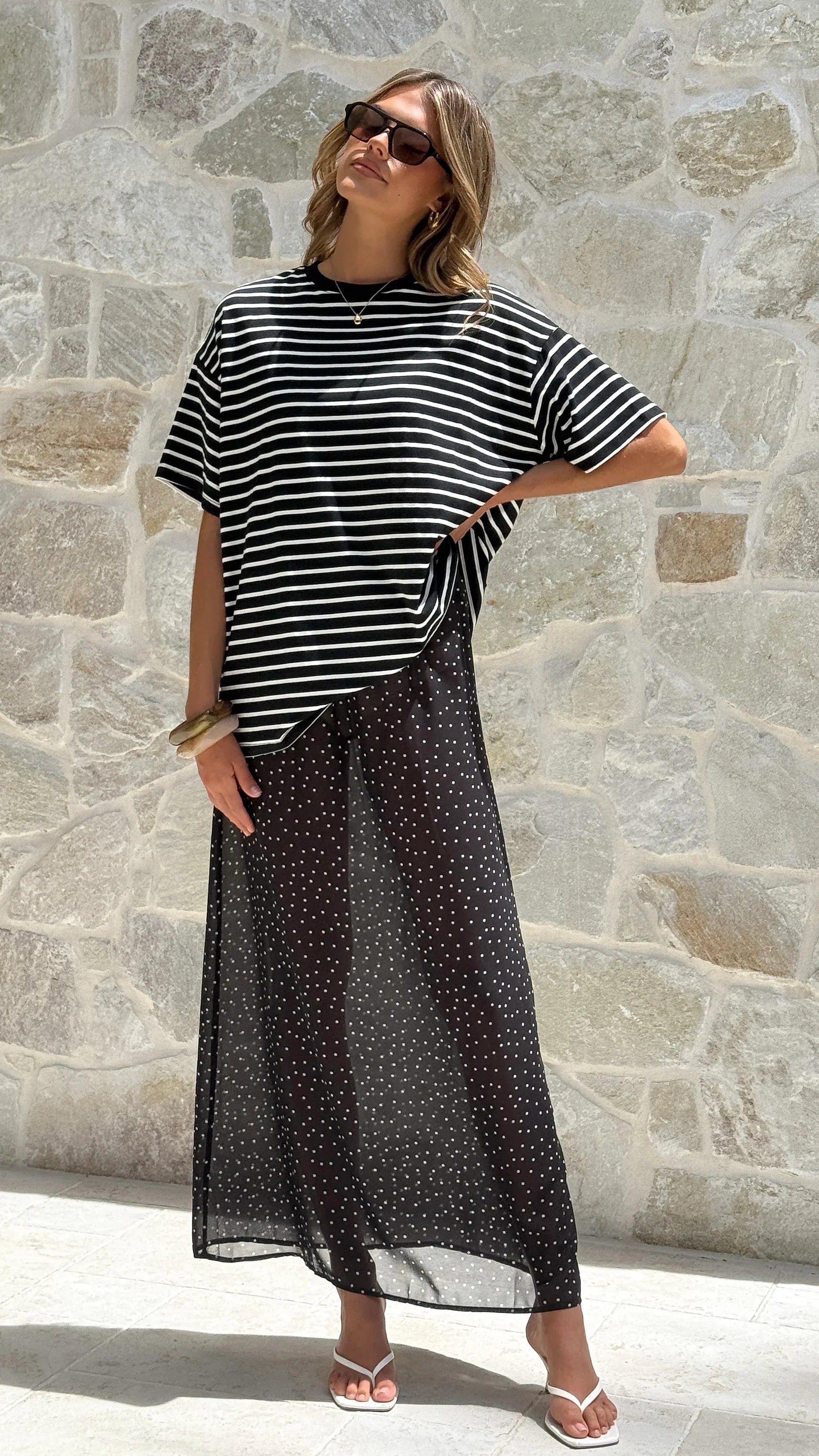 Elisha T Shirt and Sheer Maxi Skirt Set White Black Stripe and Polka Dot